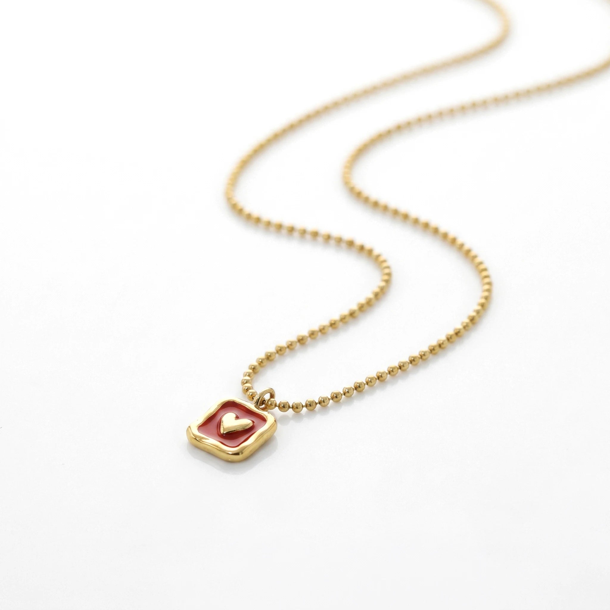 QIAOREN  13712 Ball Bead Chain Pendant Necklace with Rounded Square Solid Red Enamel & Embossed Mini Heart Charm