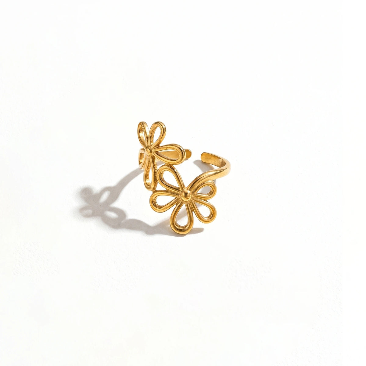 QIAOREN Stainless Steel PVD Gold Adjustable Open Rings Mixed Flower Leaf Geometric Hollow Stack Finger Jewelry For Women