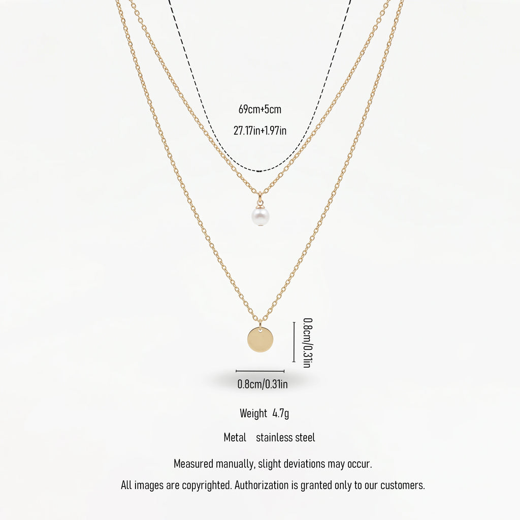 QIAOREN 11243 18K Gold Plated Layered Pearl and Disc Pendant Necklace Stainless Steel Tarnish Free Waterproof Jewelry
