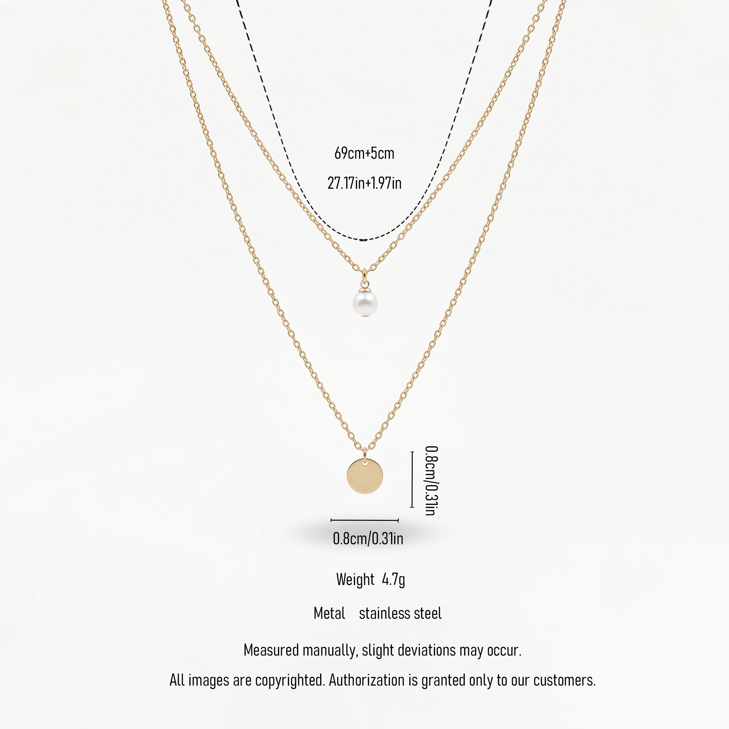 QIAOREN 11243 18K Gold Plated Layered Pearl and Disc Pendant Necklace Stainless Steel Tarnish Free Waterproof Jewelry