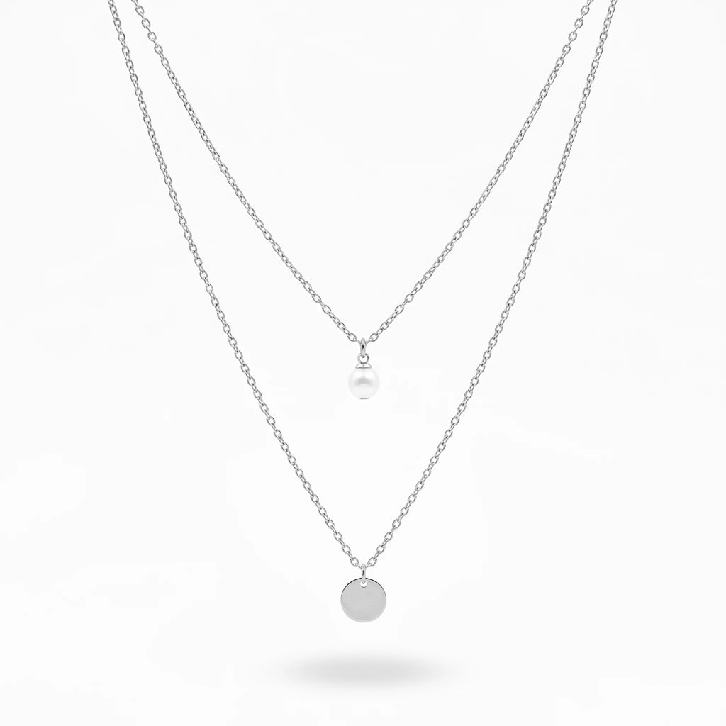 QIAOREN 11243 18K Gold Plated Layered Pearl and Disc Pendant Necklace Stainless Steel Tarnish Free Waterproof Jewelry
