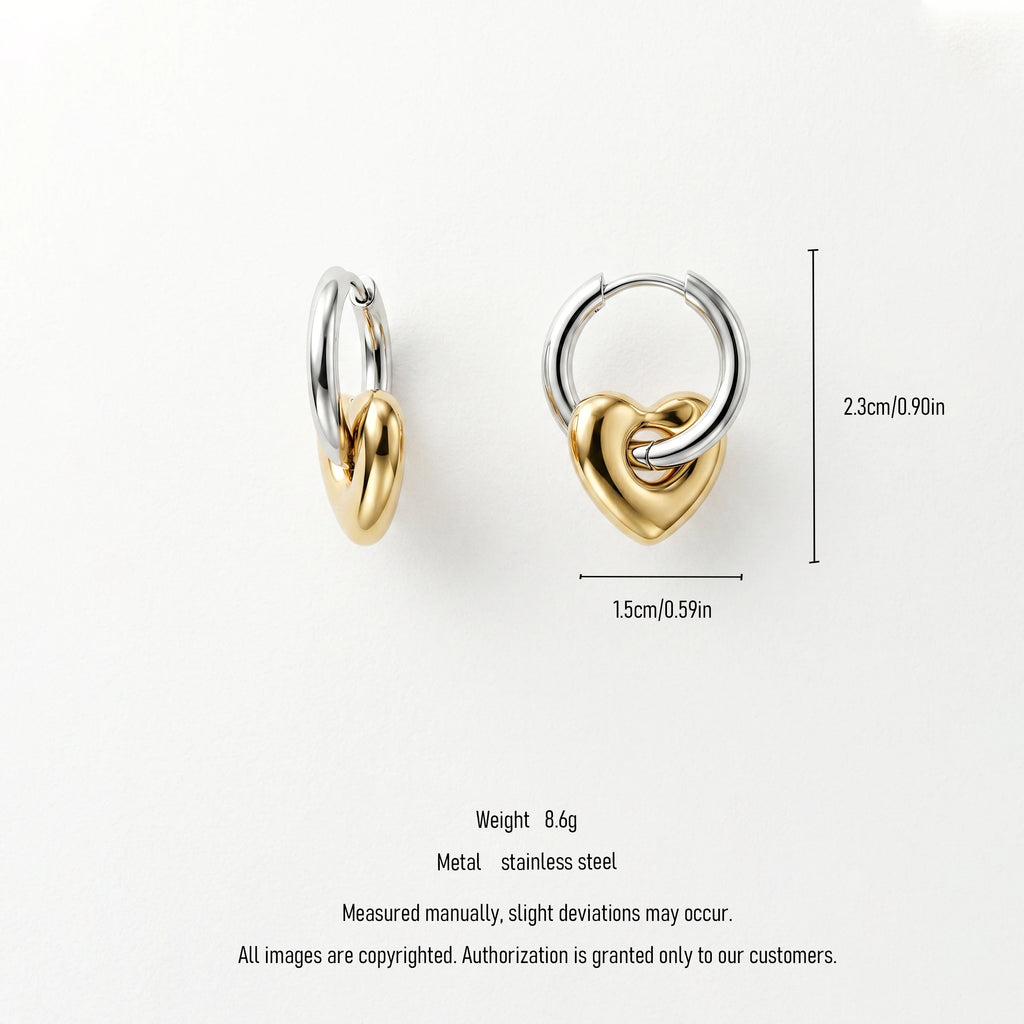 QIAOREN 11204 Two Tone Heart Hoop Earrings Stainless Steel Gold Silver Linked Hoop Earrings Trendy Minimalist Jewelry Women