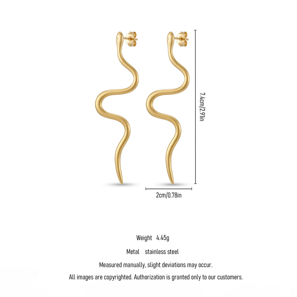 QIAOREN 11847 Edgy Satin Gold Serpent Stud Earrings Stainless Steel Minimalist Wavy Snake Jewelry Statement Gift for Women US