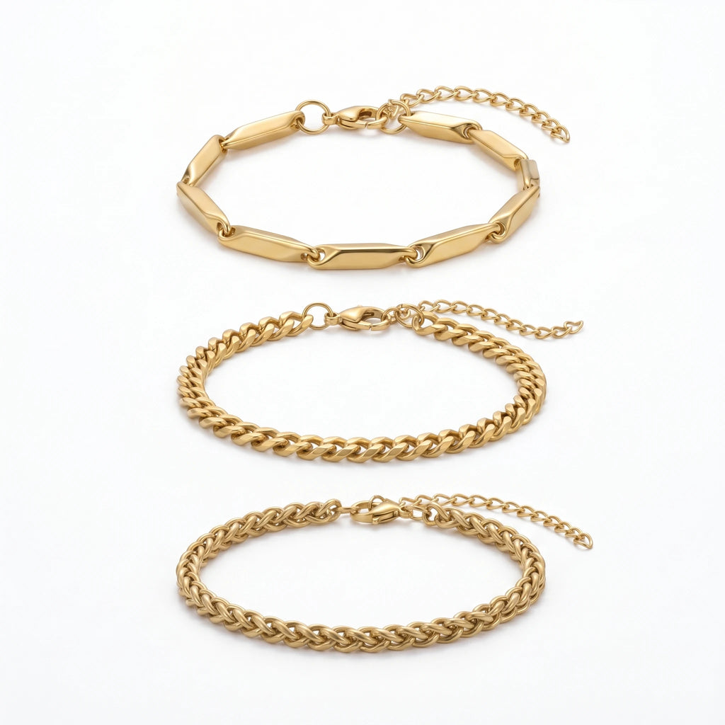 QIAOREN 11507 18K Gold Plated 3pcs Bracelet Set Elongated Paperclip Cuban Rope Chain Stainless Steel