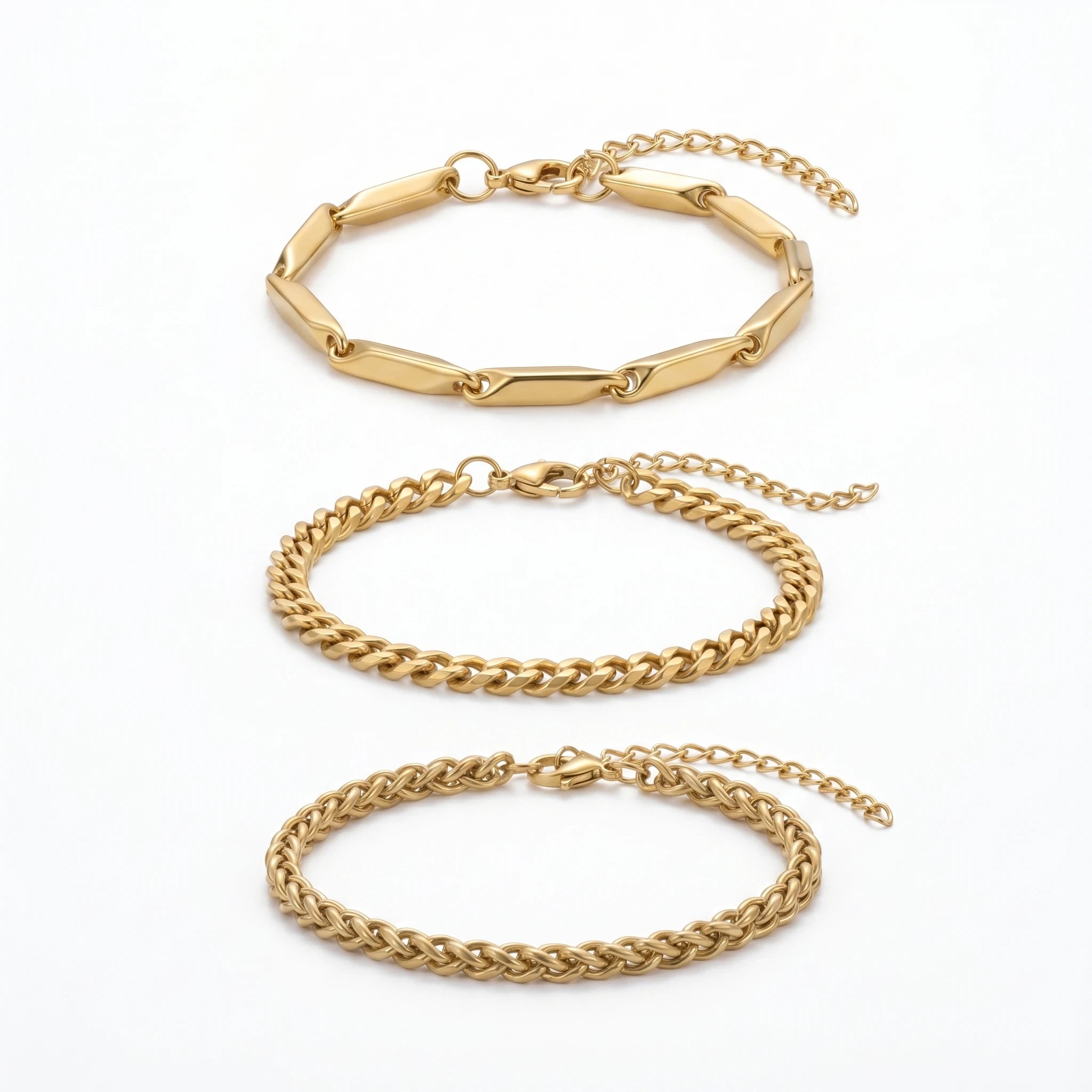 QIAOREN 11507 18K Gold Plated 3pcs Bracelet Set Elongated Paperclip Cuban Rope Chain Stainless Steel