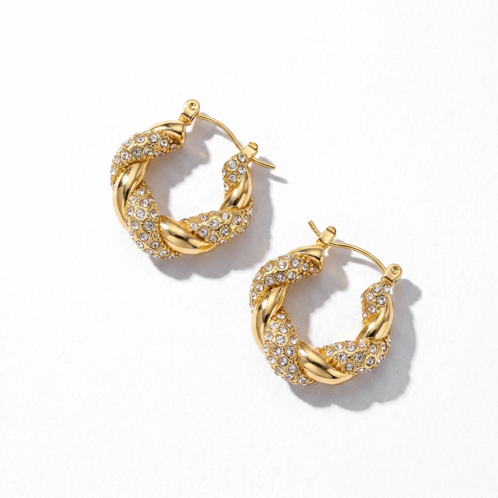 QIAOREN 12518 Waterproof Tarnish Free Black Gemstone Twisted Hoops 18K Gold Stainless Steel Bold Spiral Earrings Women