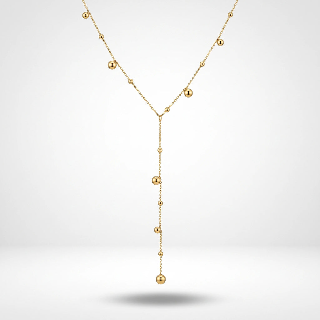 QIAOREN 13506 Minimalist Y Drop Beaded Ball Station Necklace, Multi Size Smooth Gold Spherical Charms Thin Cable Chain
