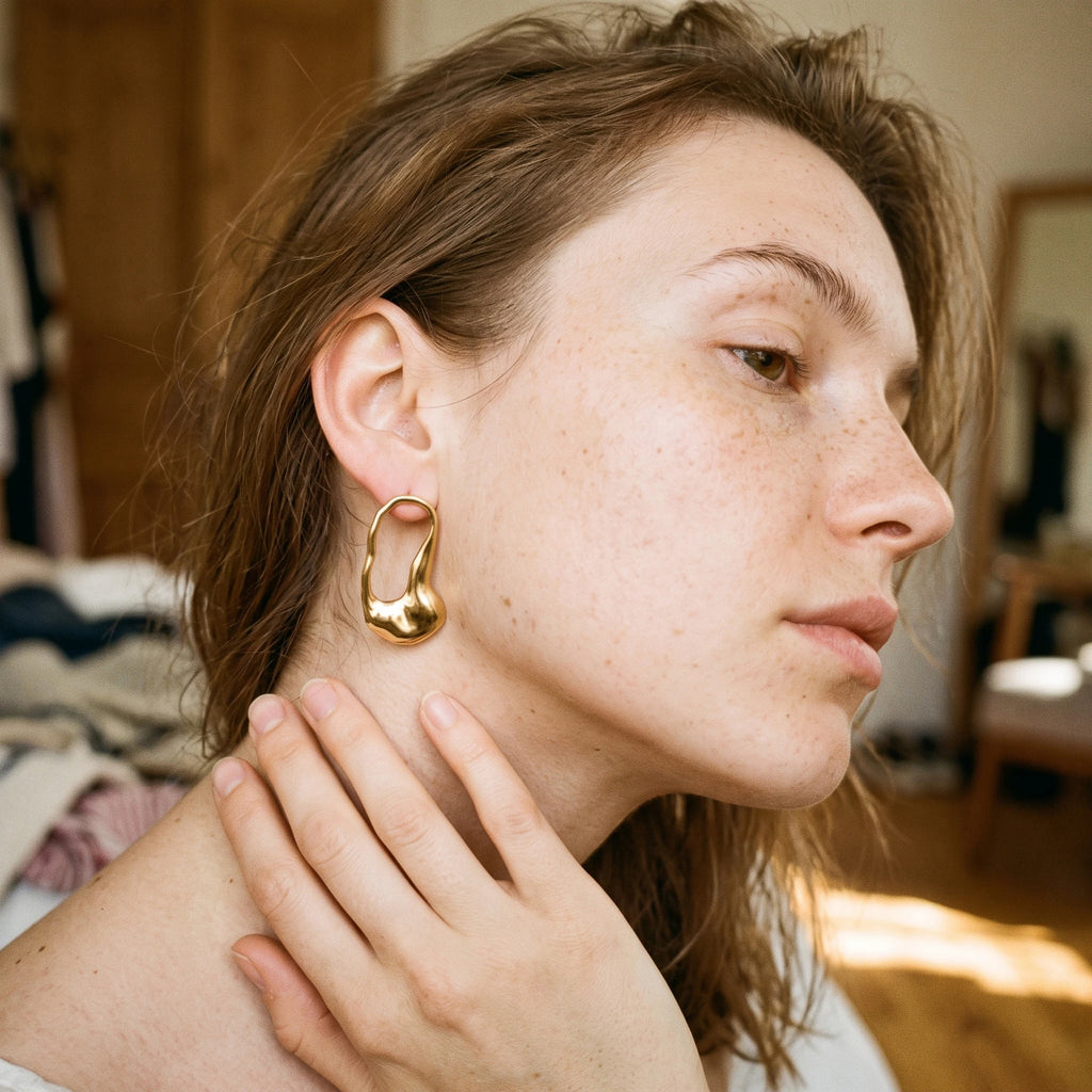 QIAOREN 14069 Irregular Teardrop Open Hoop Stud Earrings, Organic Fluid Hollow Drop Ear Stud Jewelry Gift for Daily Fashion