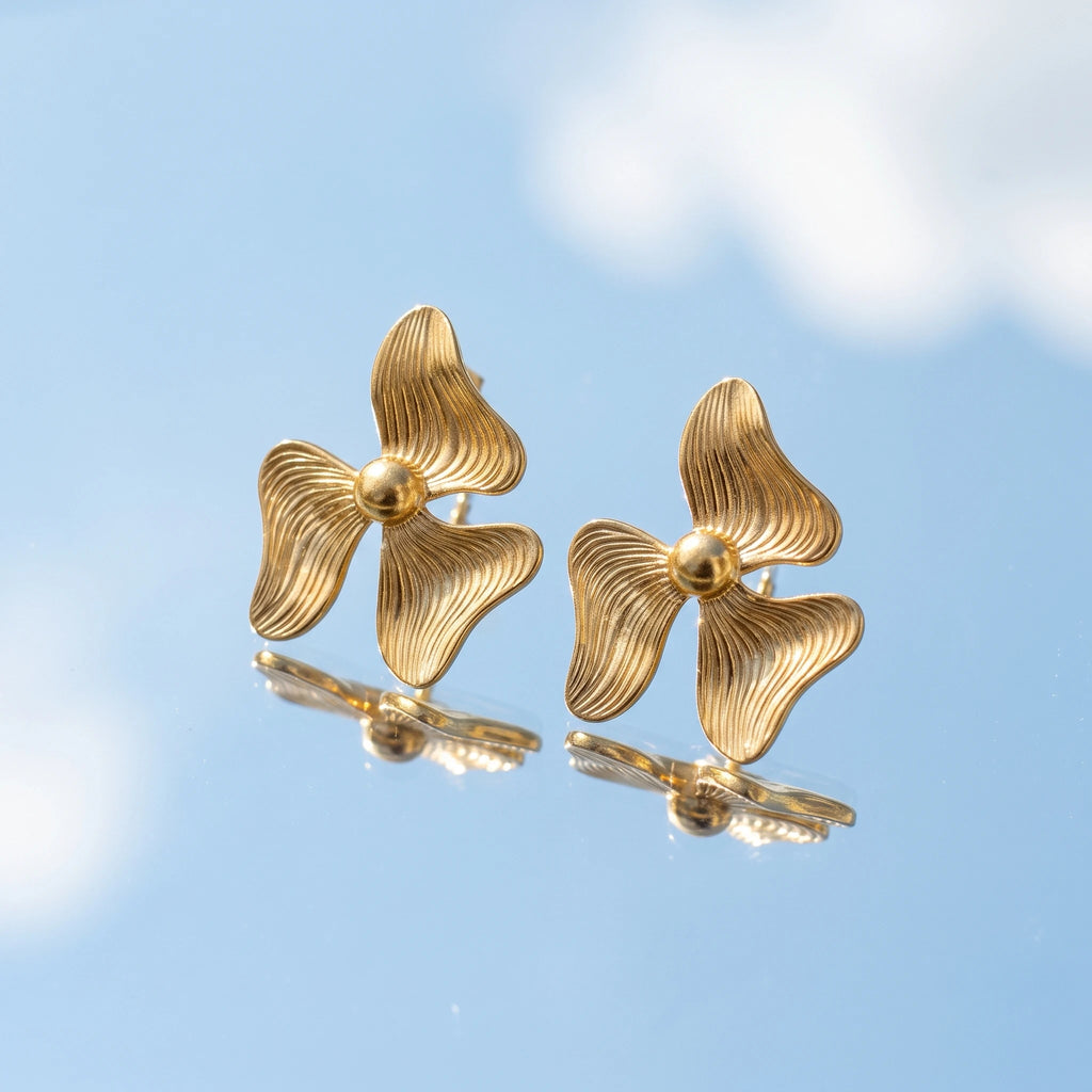 QIAOREN 14015 Matte Gold Three Petal Textured Flower Stud Earrings with Round Ball Center