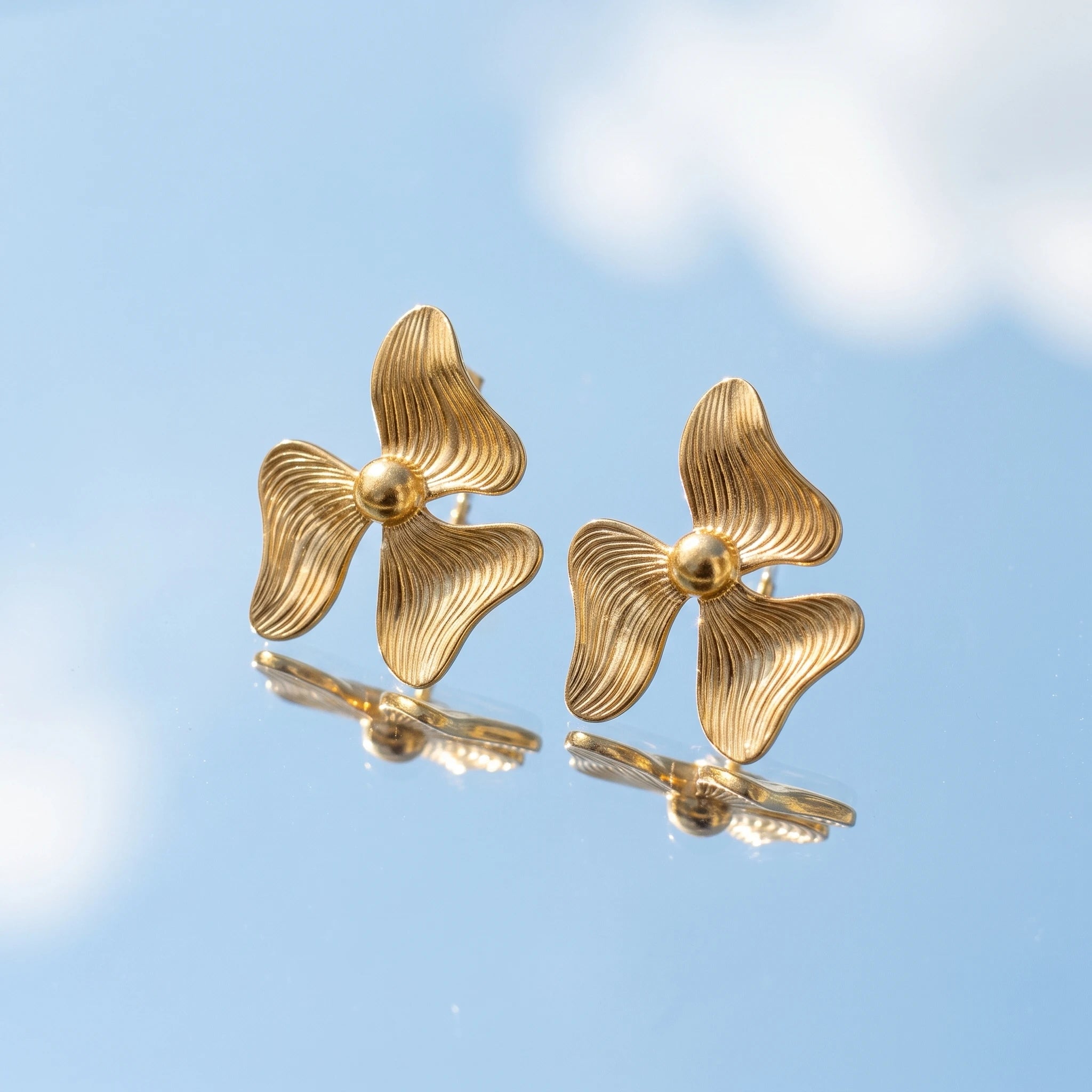 QIAOREN 14015 Matte Gold Three Petal Textured Flower Stud Earrings with Round Ball Center