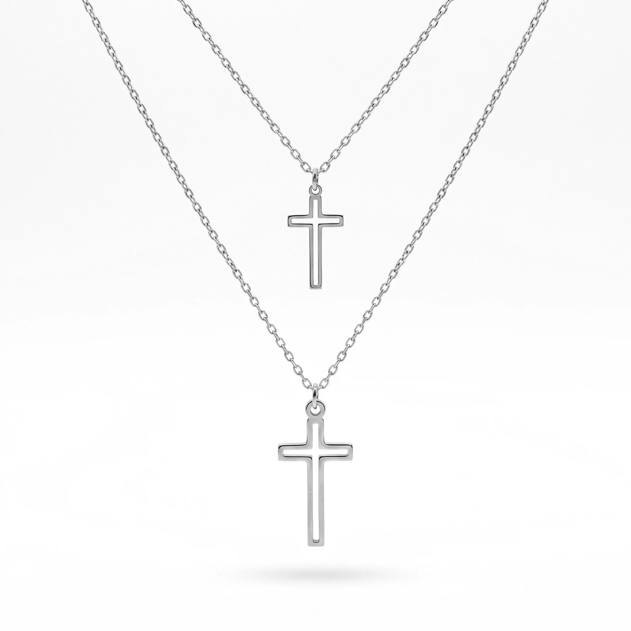 QIAOREN 11973 European Hot Sell Stainless Steel Layered Open Cross Pendant Necklace Cutout Two-Tier Cross Chain Necklaces