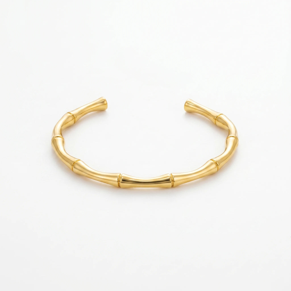 QIAOREN 12677 Sleek Segmented Bamboo Tube Adjustable Open Cuff Bracelet Tarnish Free Stainless Steel 18K Gold Wrist Ornament