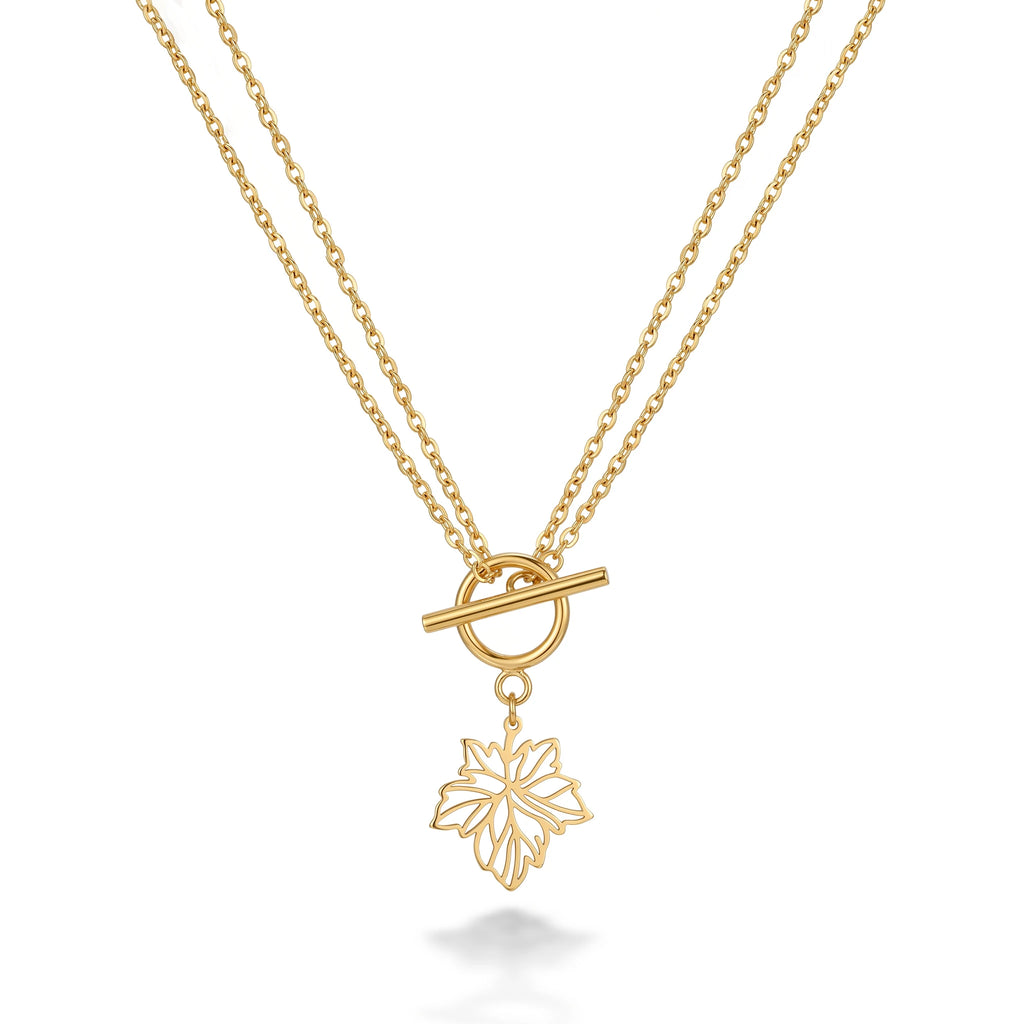 QIANREN 11975 Europe Hot Selling Hypoallergenic Stainless Steel OT Toggle Necklace Openwork Maple Leaf Pendant  Chain Necklaces