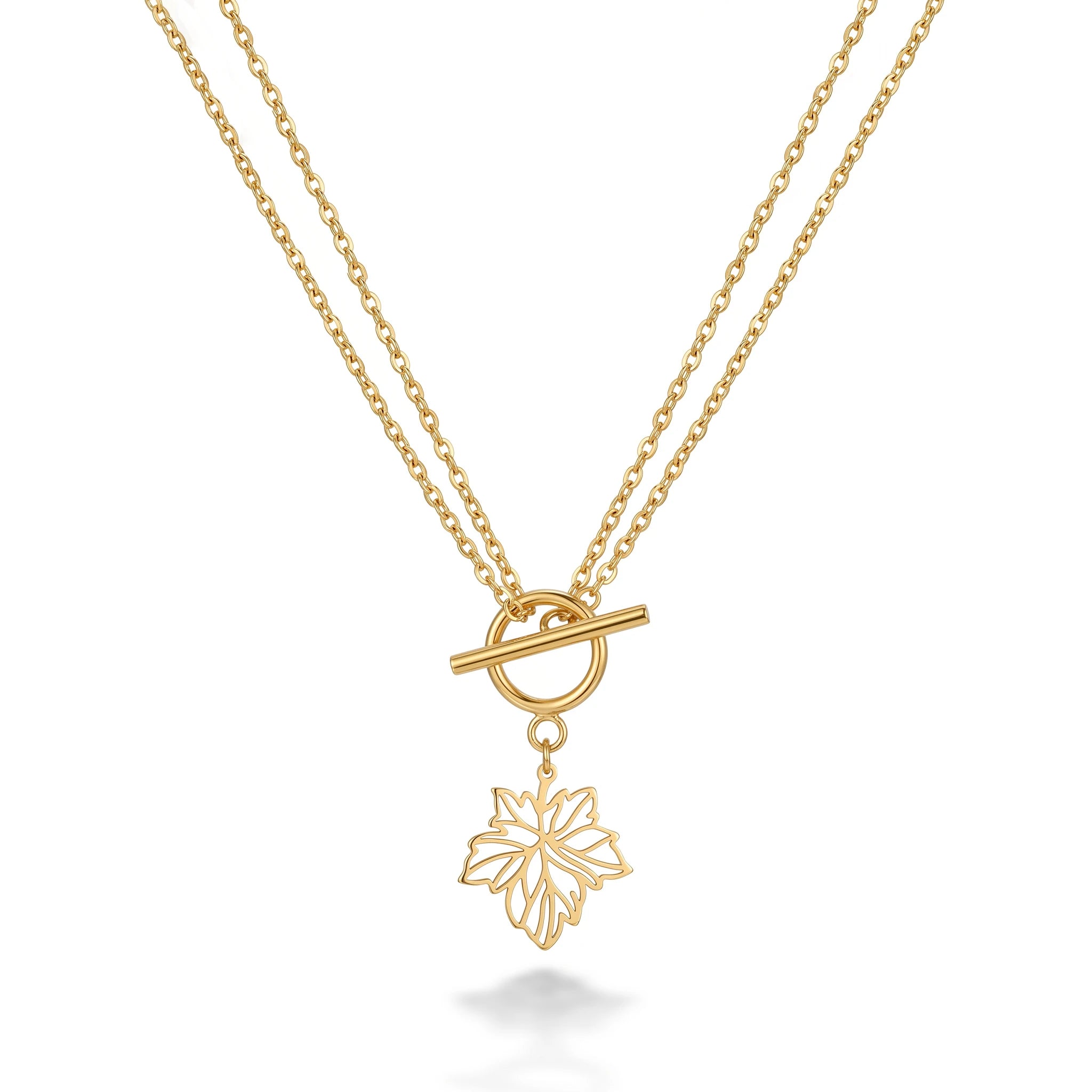 QIANREN 11975 Europe Hot Selling Hypoallergenic Stainless Steel OT Toggle Necklace Openwork Maple Leaf Pendant  Chain Necklaces