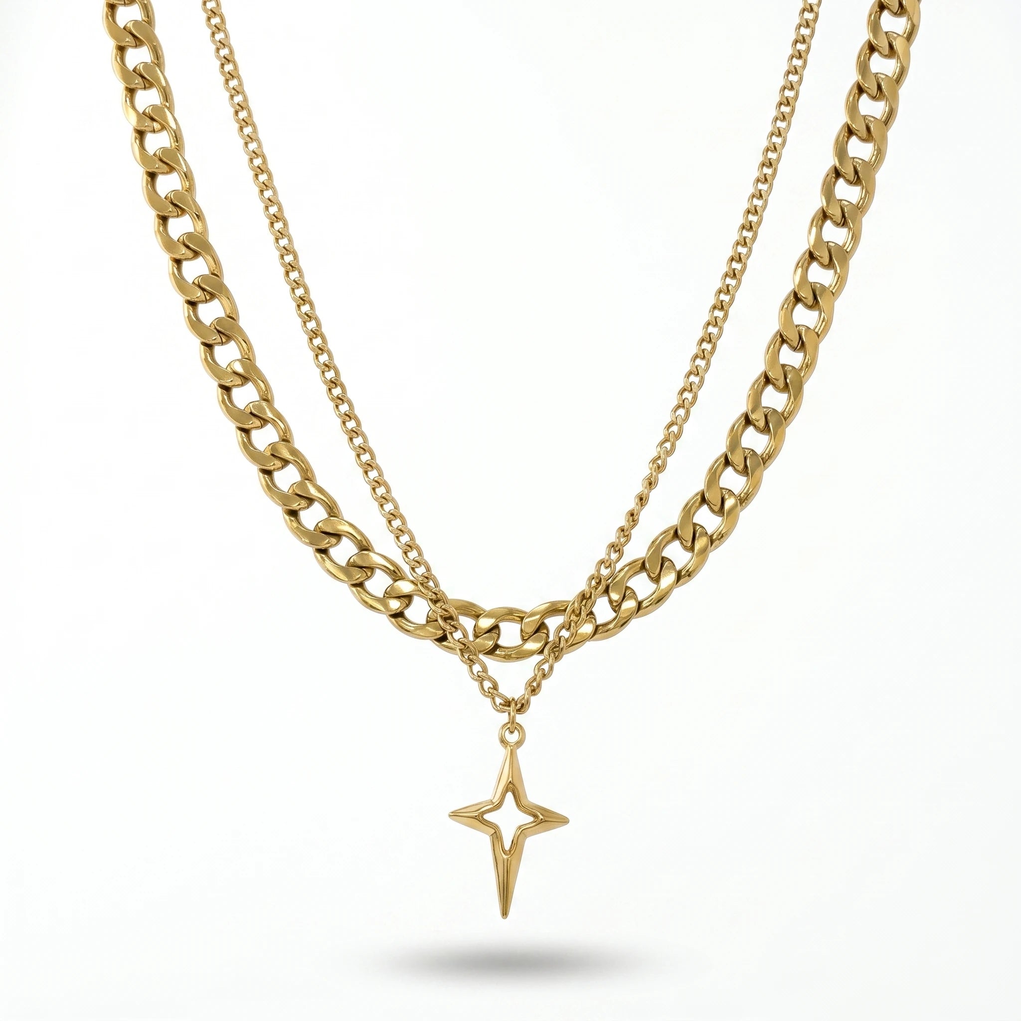 QIAOREN 11314 Edgy Layered Chunky Chain Hollow Star Pendant Necklace 18K Gold Plated Stainless Steel Waterproof Jewelry
