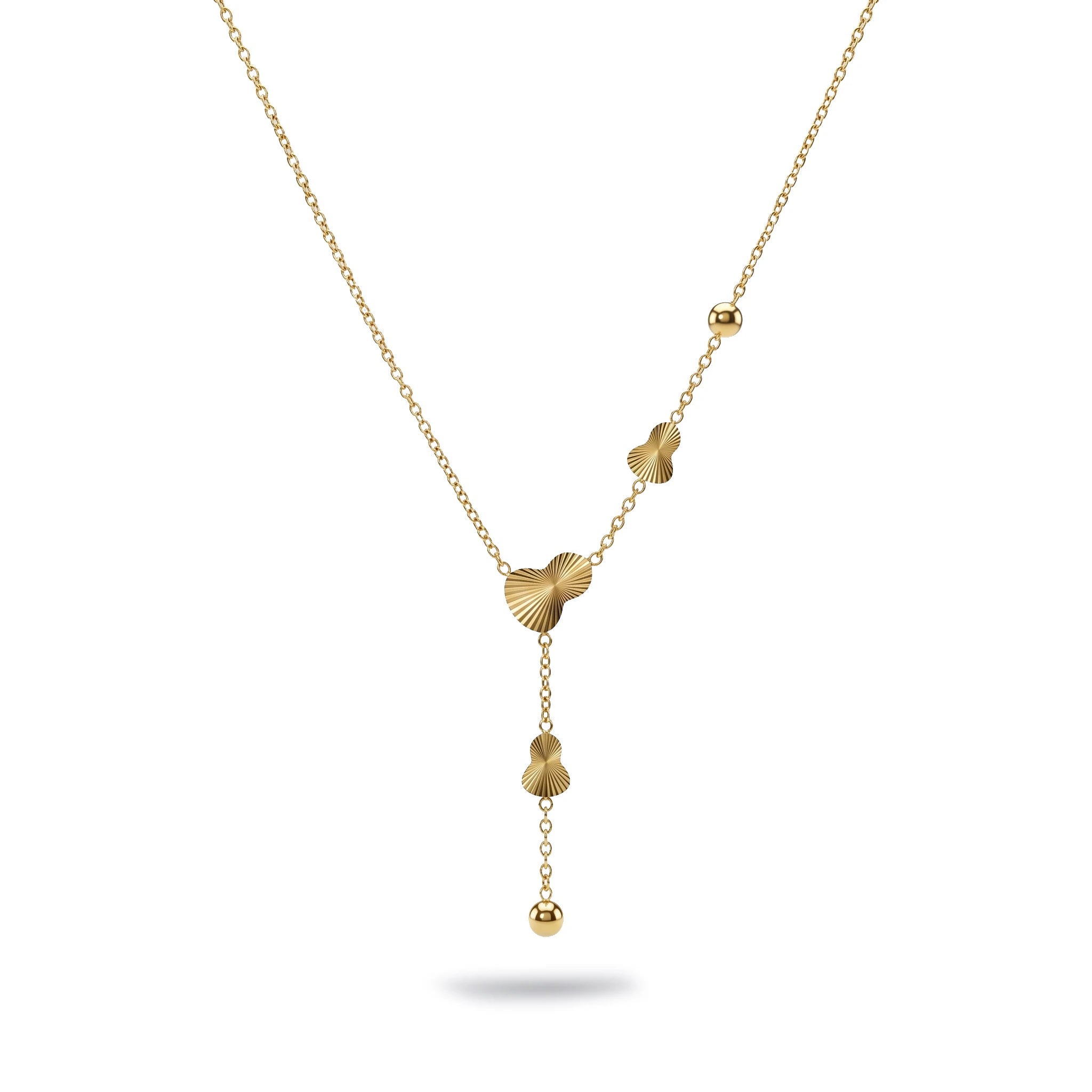 QIAOREN 13982 Thin Oval Link Y Drop Lariat Necklace with Textured Ginkgo Leaf Charms & Sliding Round Ball Pendant