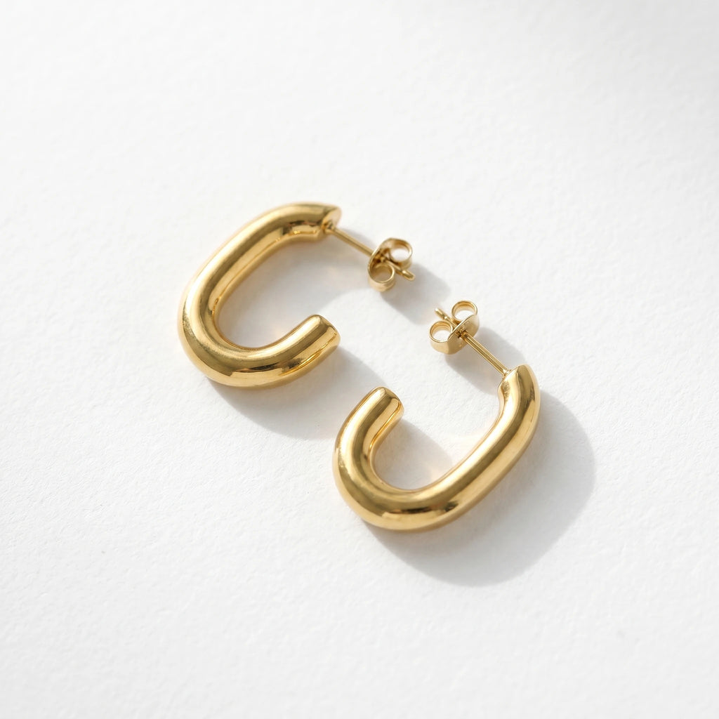 QIAOREN 12389 Trendy Chunky U Shape Hoop Earrings Gold Stainless Steel Bold Elongated Paperclip Open C Hoops Studs Women US EU
