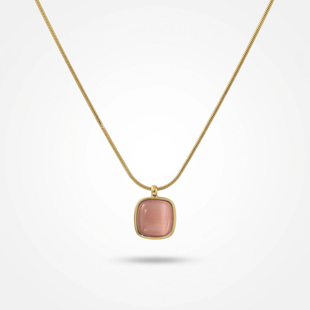 QIAOREN 13754-57  Multi Color Thin Snake Chain Pendant Necklaces with Rounded Square Cat Eye Stone Charms