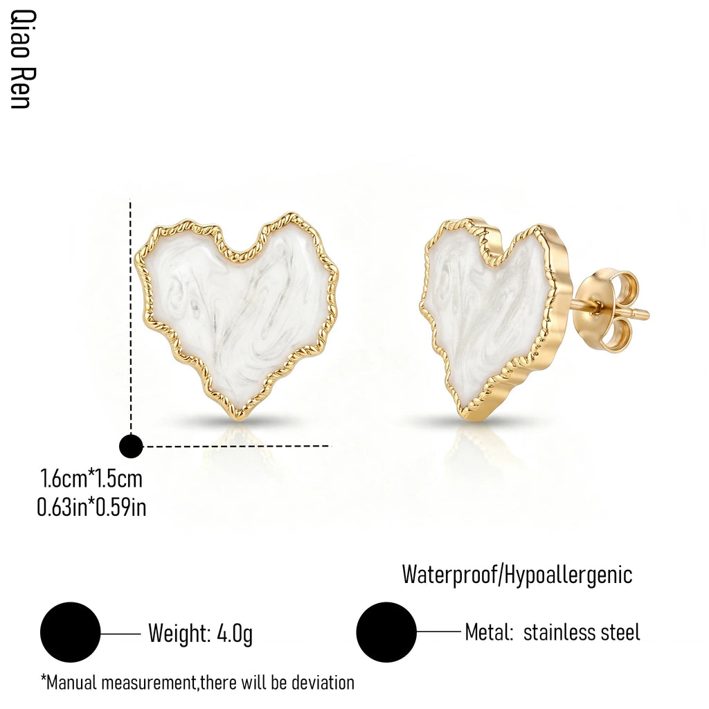 QIAOREN 14078-80 Irregular Wavy Heart Stud Earrings, Beaded Border Enamel Heart Ear Stud Jewelry Gift for Daily Fashion Outfits