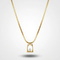 QIAOREN 13807 Thin Flat Herringbone Snake Chain Pendant Necklace with Hollow Rounded Square Frame Charm Single White Pearl