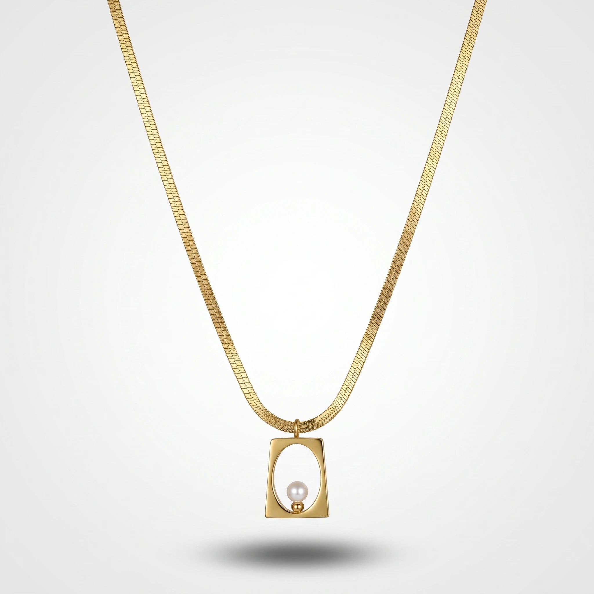 QIAOREN 13807 Thin Flat Herringbone Snake Chain Pendant Necklace with Hollow Rounded Square Frame Charm Single White Pearl