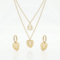 QIAOREN 11894 Waterproof Hollow Monstera Leaf Jewelry Set 18K Gold Stainless Steel 3Pcs Beach-Friendly All-Day Wear Jewelry