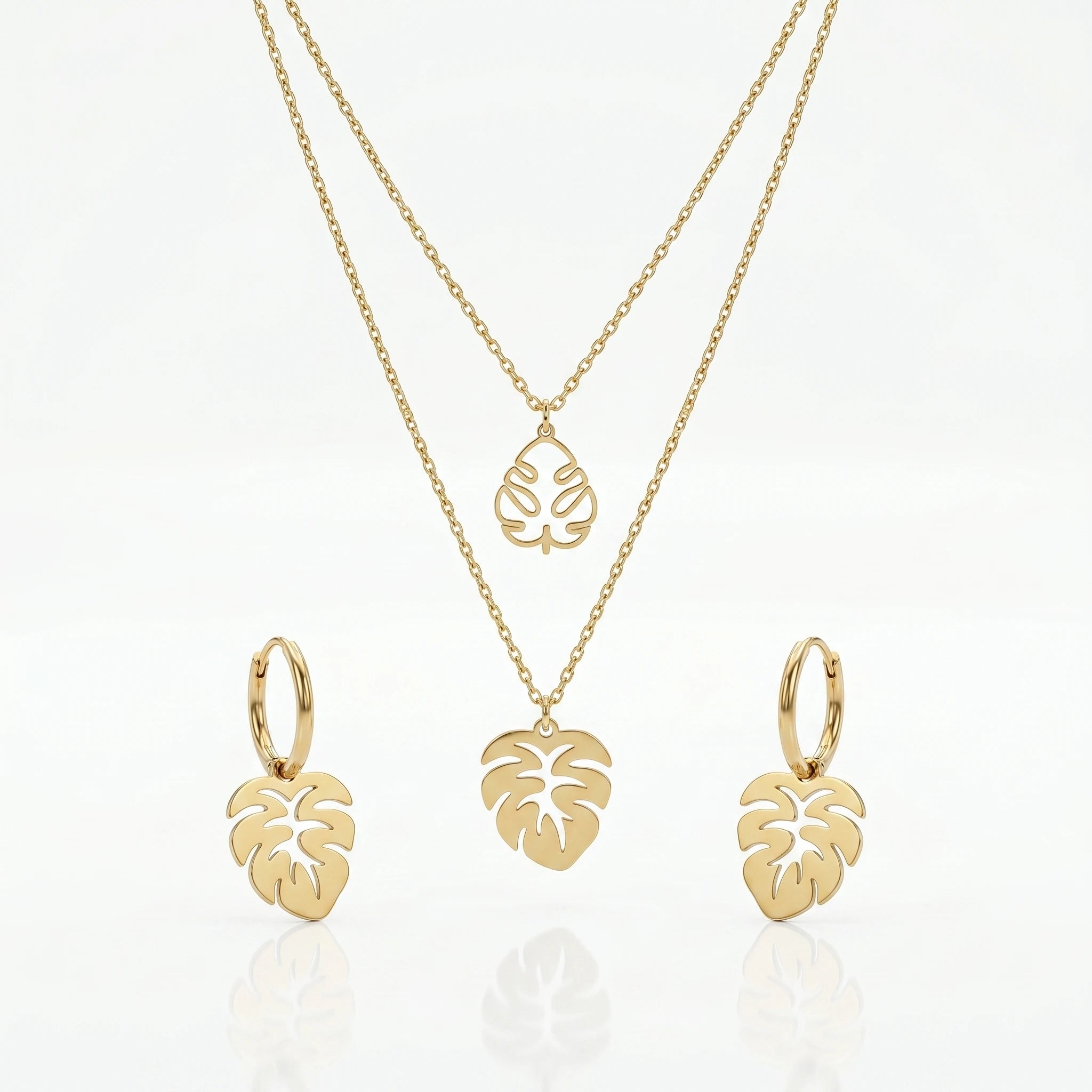 QIAOREN 11894 Waterproof Hollow Monstera Leaf Jewelry Set 18K Gold Stainless Steel 3Pcs Beach-Friendly All-Day Wear Jewelry