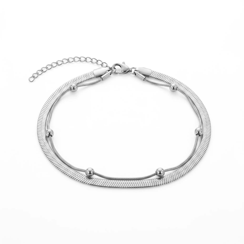 QIAOREN 11043 Double Layer Gold Anklet Stainless Steel Waterproof Snake Chain Beach Foot Jewelry for Women