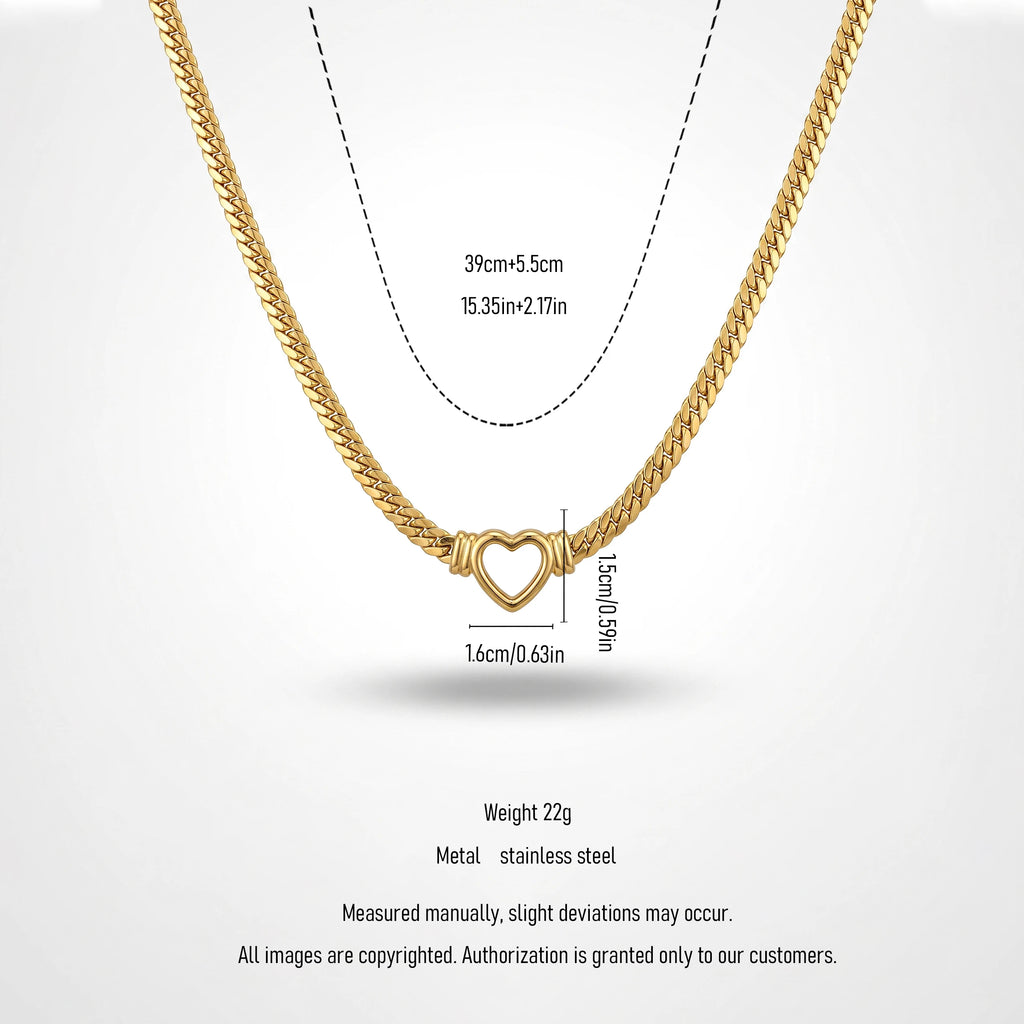 QIAOREN 13538 Chunky Flat Cuban Link Choker Necklace with Hollow Open Heart Center Charm, Polished Thick Gold Chain Necklace