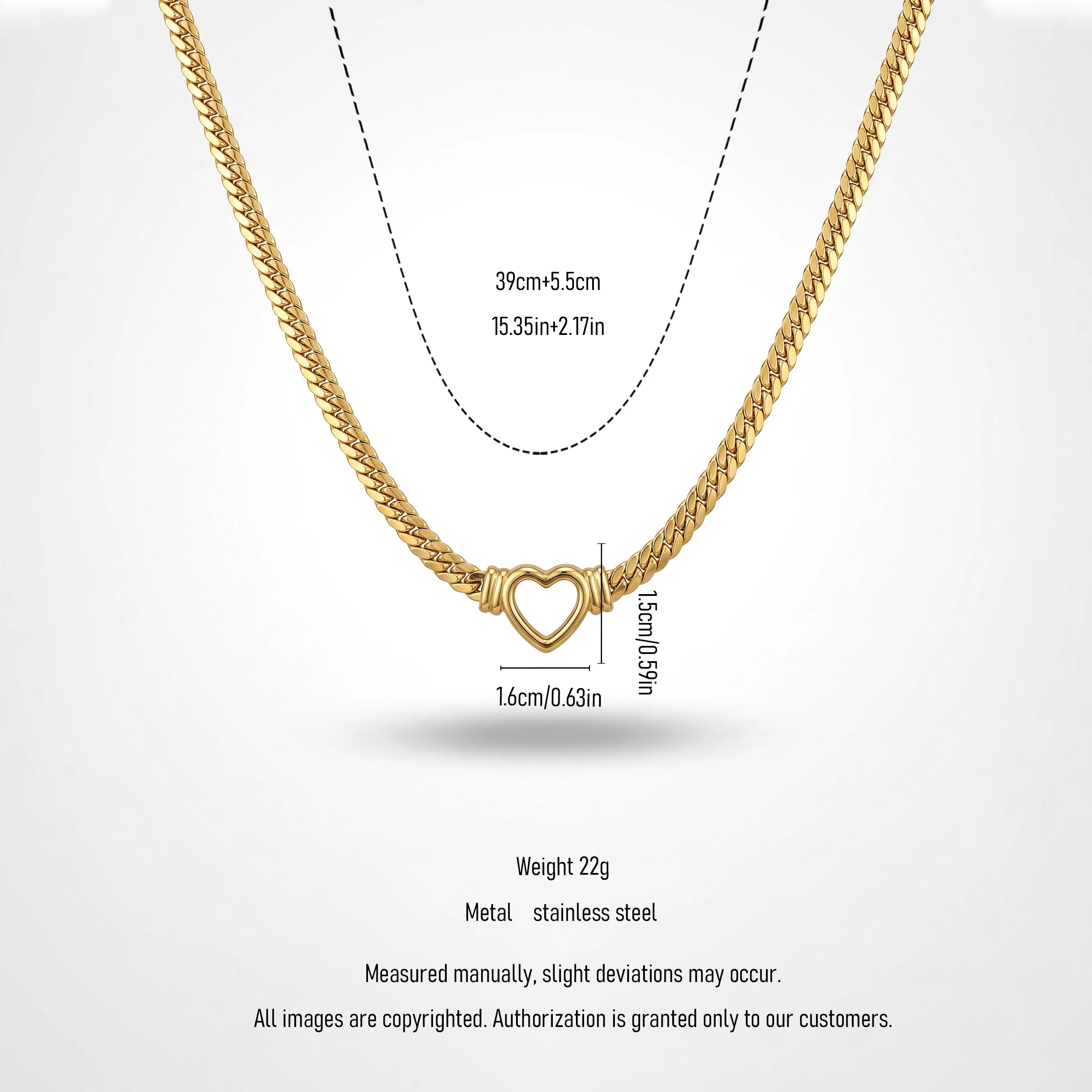 QIAOREN 13538 Chunky Flat Cuban Link Choker Necklace with Hollow Open Heart Center Charm, Polished Thick Gold Chain Necklace
