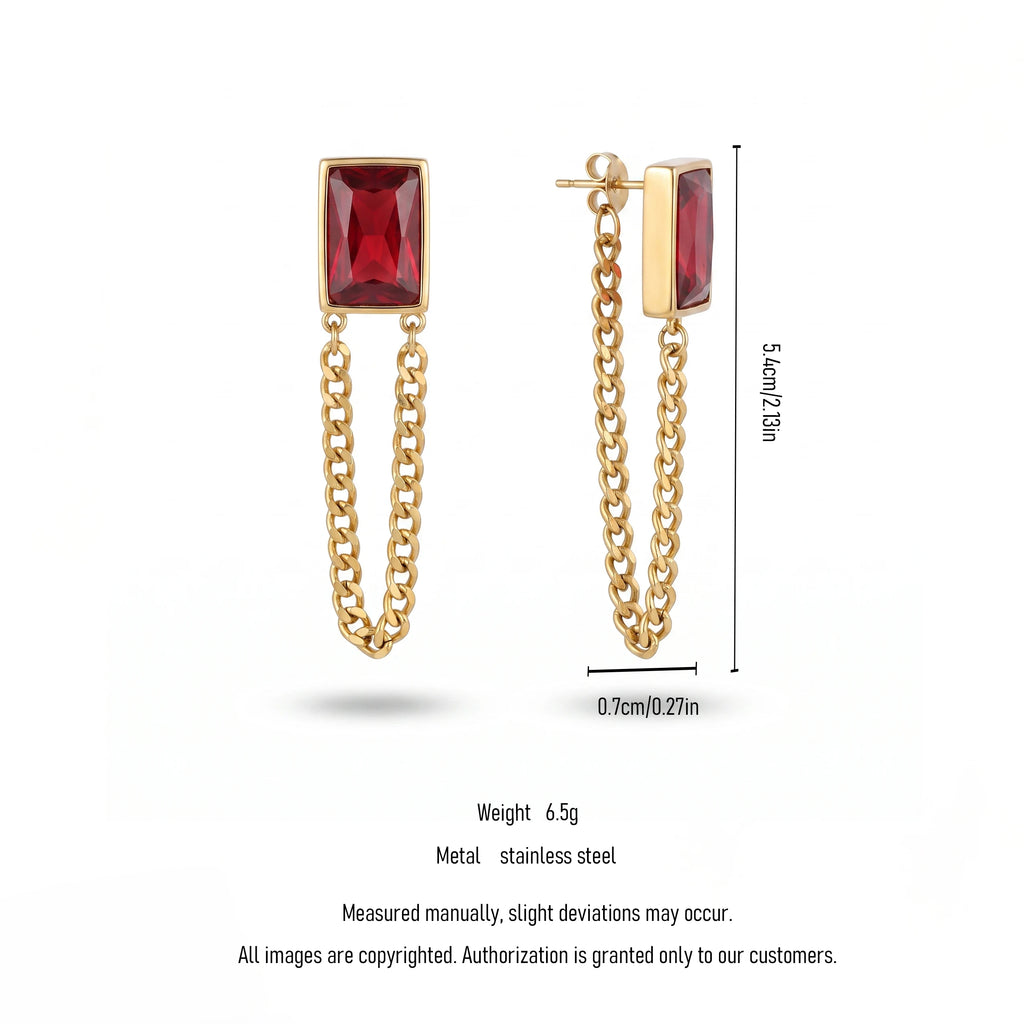 QIAOREN 13447-54 Gold Tone Rectangle Multiple Colors Crystal Double Chain Drop Stud Earrings Retro Punk Tassel Dangle Earring