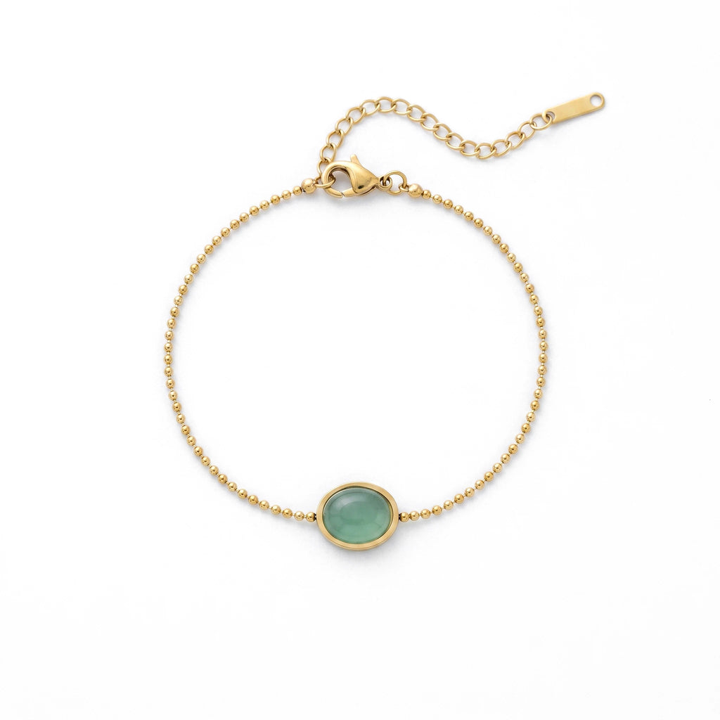 QIAOREN 13303 Dainty Ball Chain Bracelet Gold Stainless Steel Oval Natural Green Jade Stone Lobster Clasp Extender Waterproof