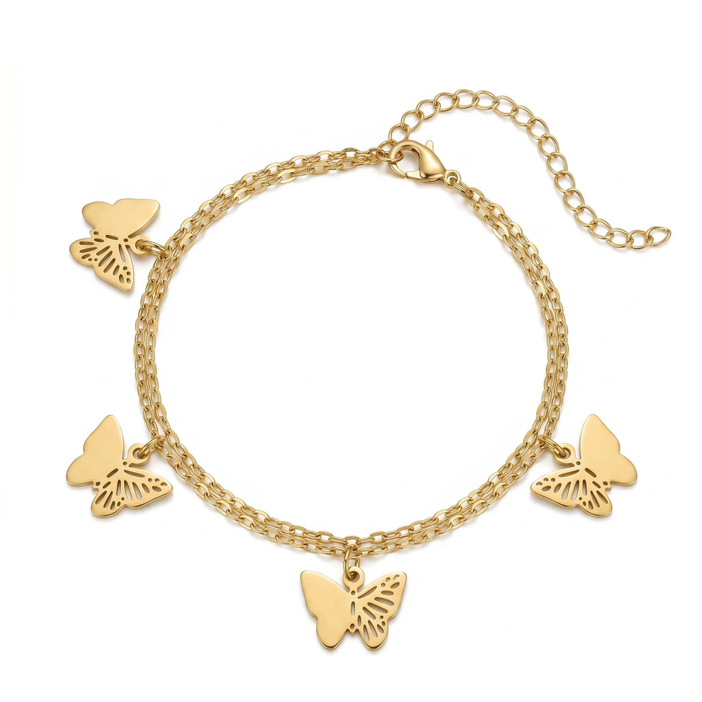 QIAOREN 11424 18K Gold Plated Stainless Steel Double Butterfly Anklet Waterproof Tarnish Free Adjustable Beach Jewelry Women
