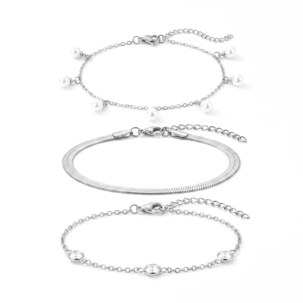 QIAOREN 11880 18K Gold Plated Stainless Steel Hypoallergenic 3Pcs Stackable Bracelet Set Pearl Herringbone CZ Chain Bracelets