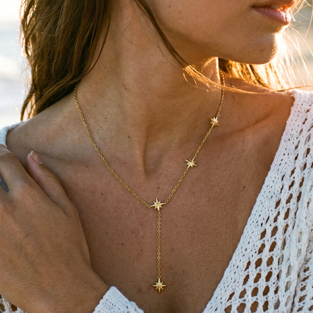 QIAOREN 11843 18K Gold Plated Stainless Steel Anti-Tarnish Hypoallergenic Multiple North Starburst Lariat Y-Chain Necklace