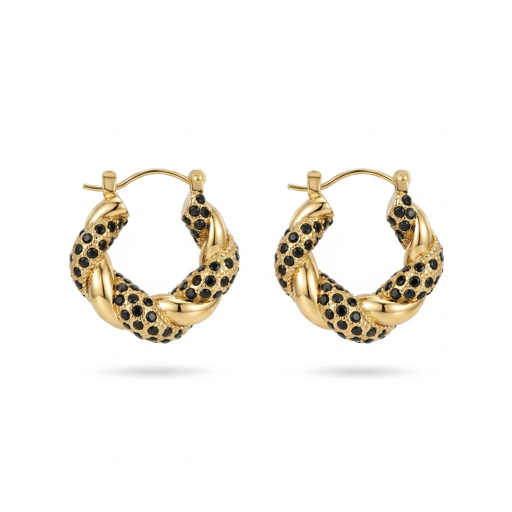QIAOREN 12518 Waterproof Tarnish Free Black Gemstone Twisted Hoops 18K Gold Stainless Steel Bold Spiral Earrings Women