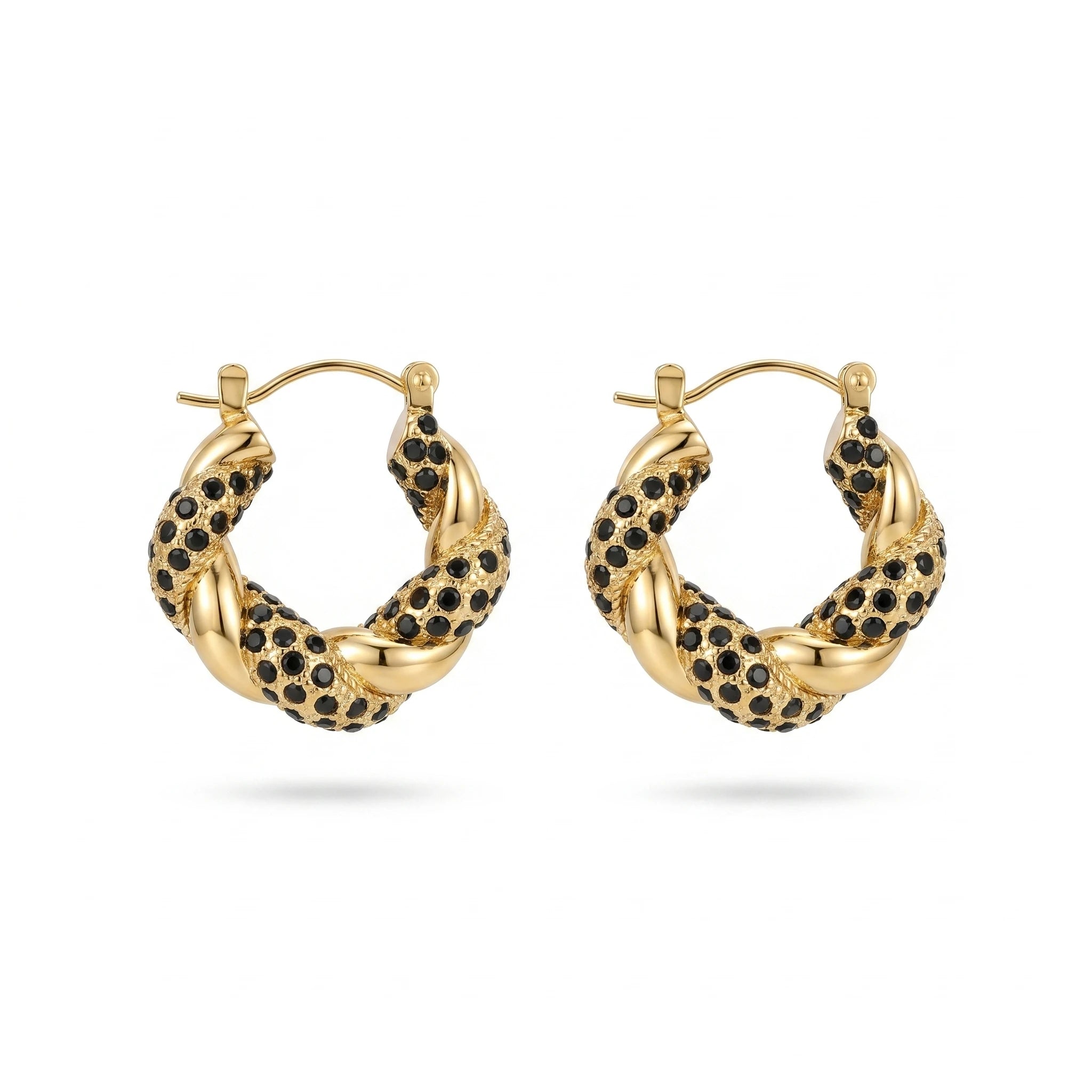QIAOREN 12518 Waterproof Tarnish Free Black Gemstone Twisted Hoops 18K Gold Stainless Steel Bold Spiral Earrings Women