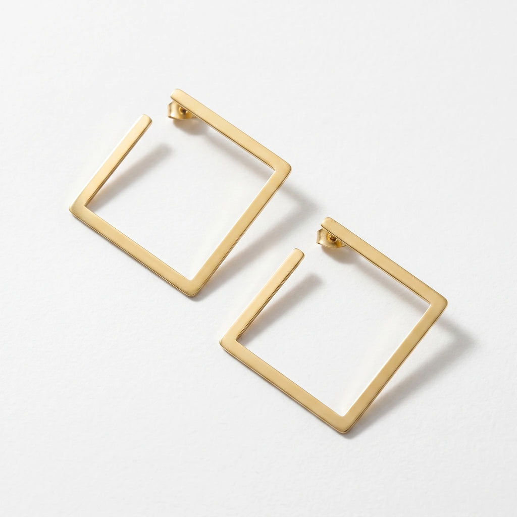 QIAOREN 11196 Geometric Hollow Square Earrings Gold Stainless Steel Minimalist Statement Stud Earrings for Women