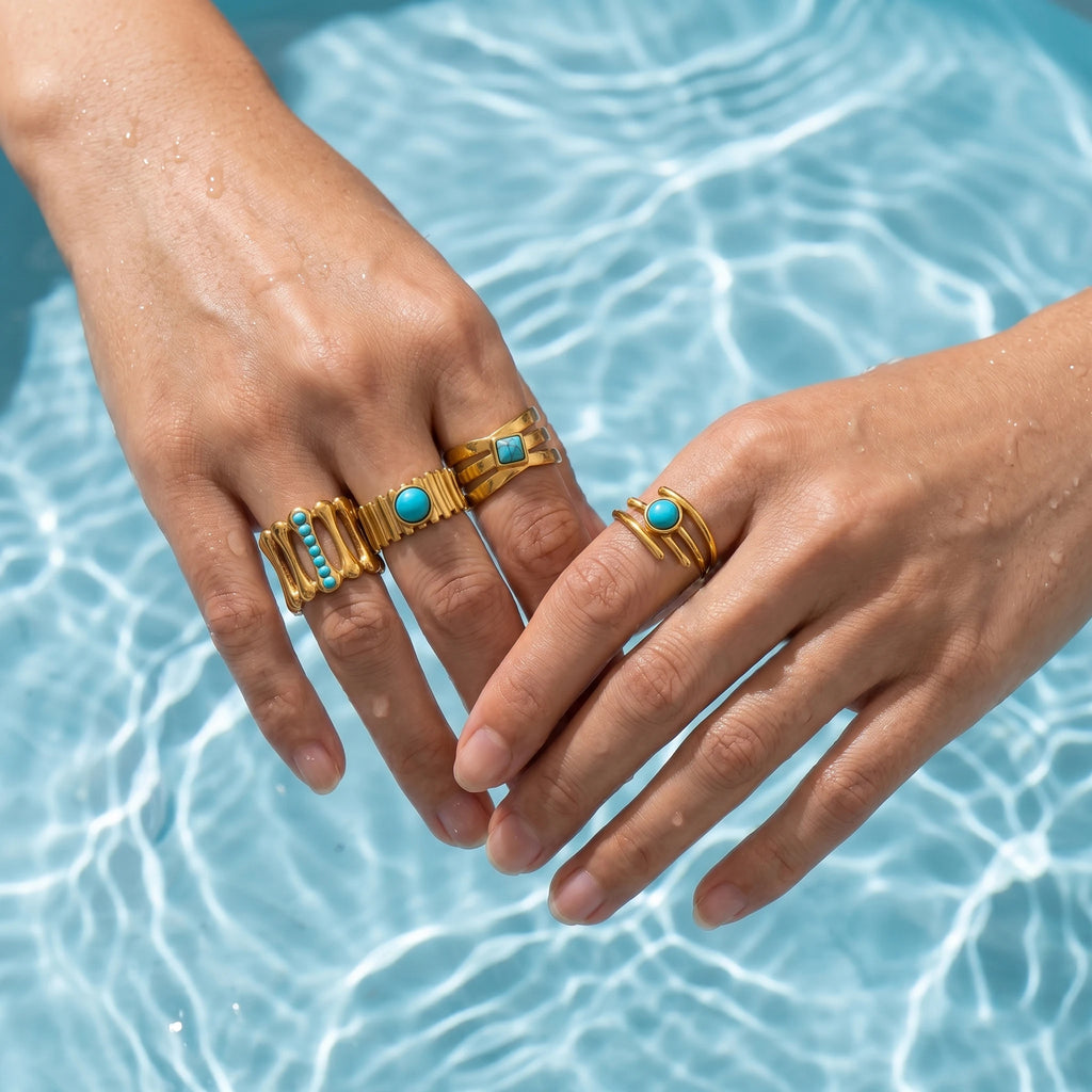 QIAOREN 13151-55 5Pcs Gold Stainless Steel Turquoise Open Ring Set Geometric Stackable Adjustable Boho Waterproof Jewelry