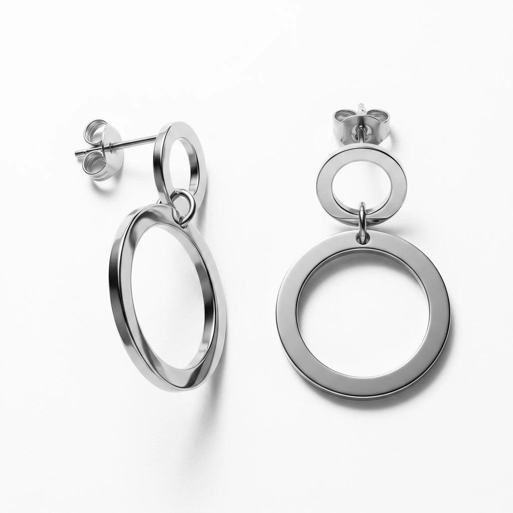 QIAOREN 11192 Chic Double Circle Stud Earrings Waterproof Stainless Steel Gold Earrings European Style Jewelry