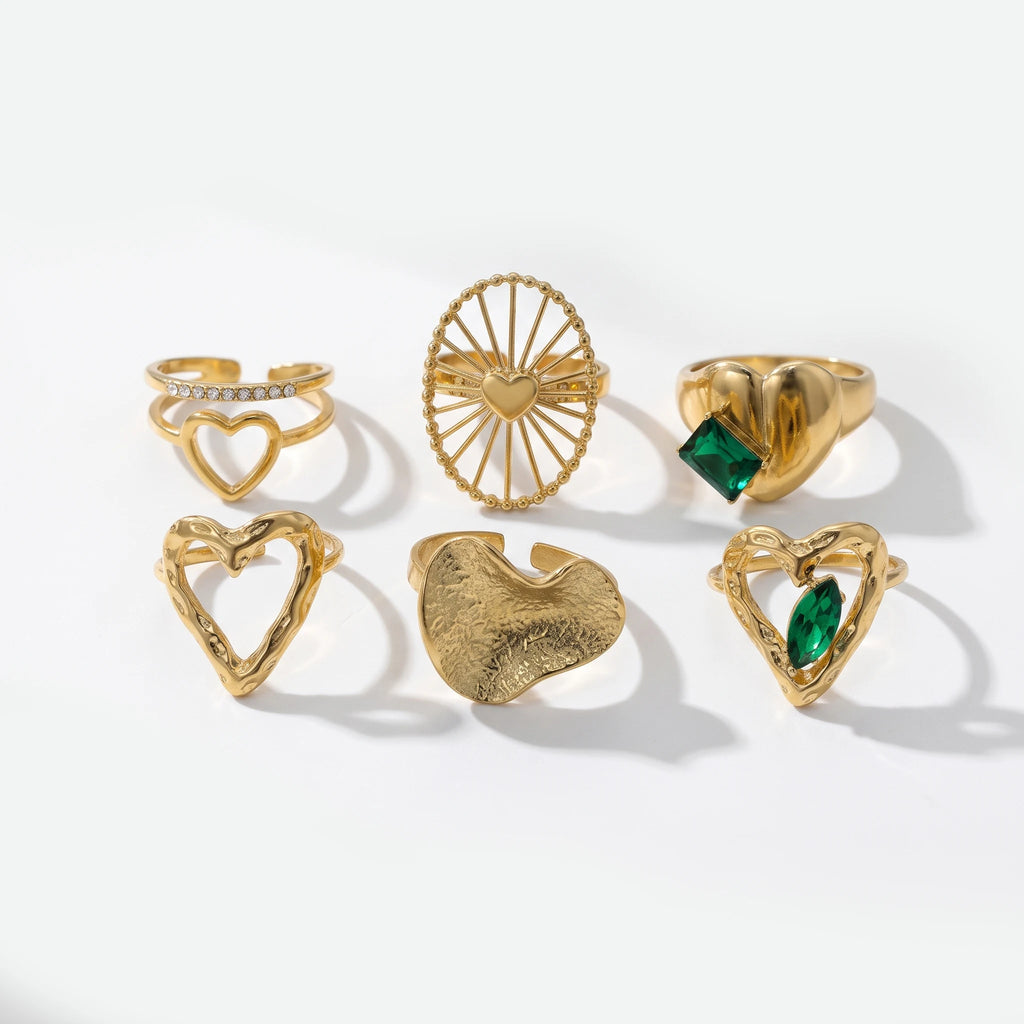 QIAOREN 14169-74 Green Crystal Heart Open Ring Set, Multi Styles Love Shape Adjustable Stackable Ring Jewelry Gift