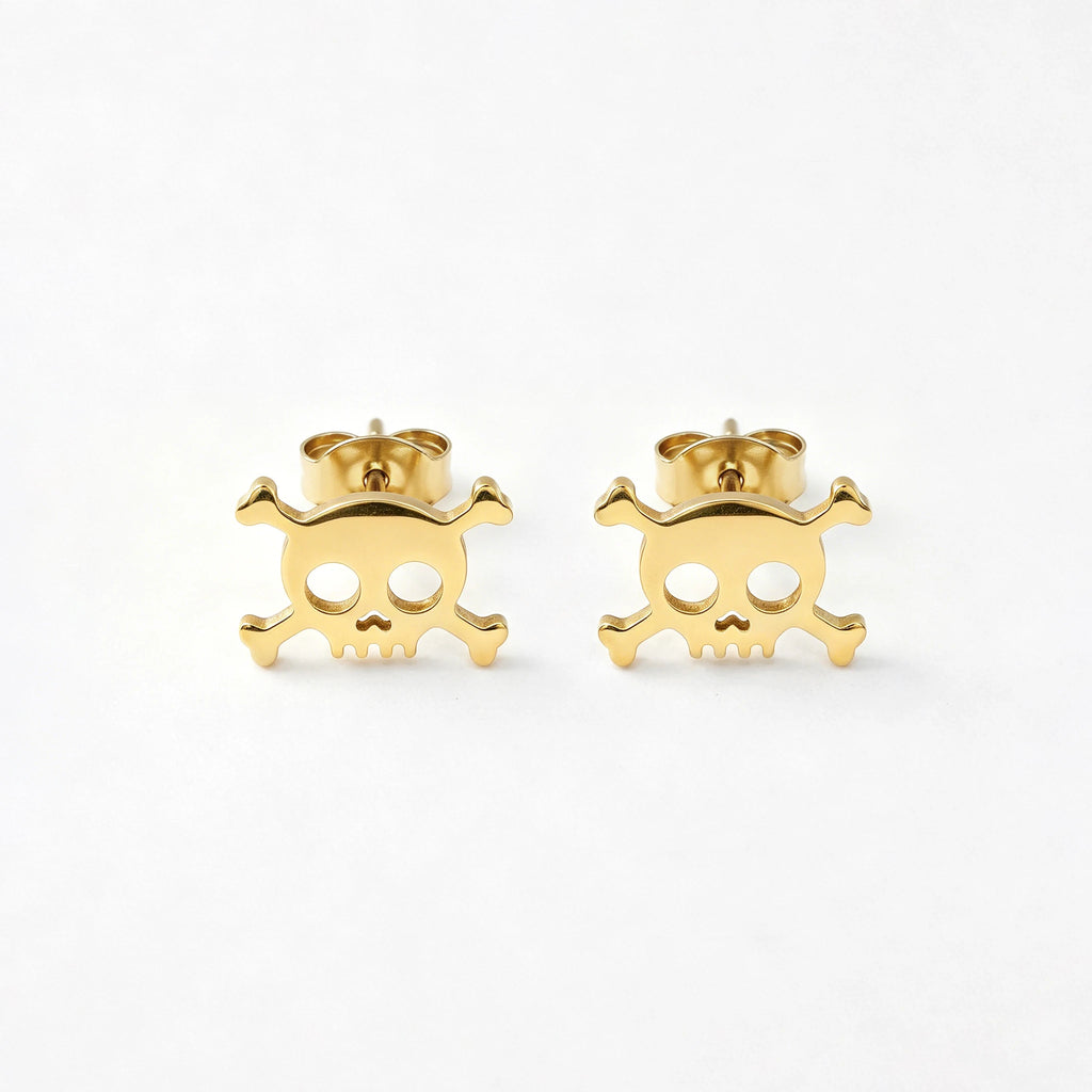 QIAOREN 11866 Edgy Gold Skull Earrings Stainless Steel Hollow Skull Crossbones Studs Halloween Jewelry Unique Gift for Women Men
