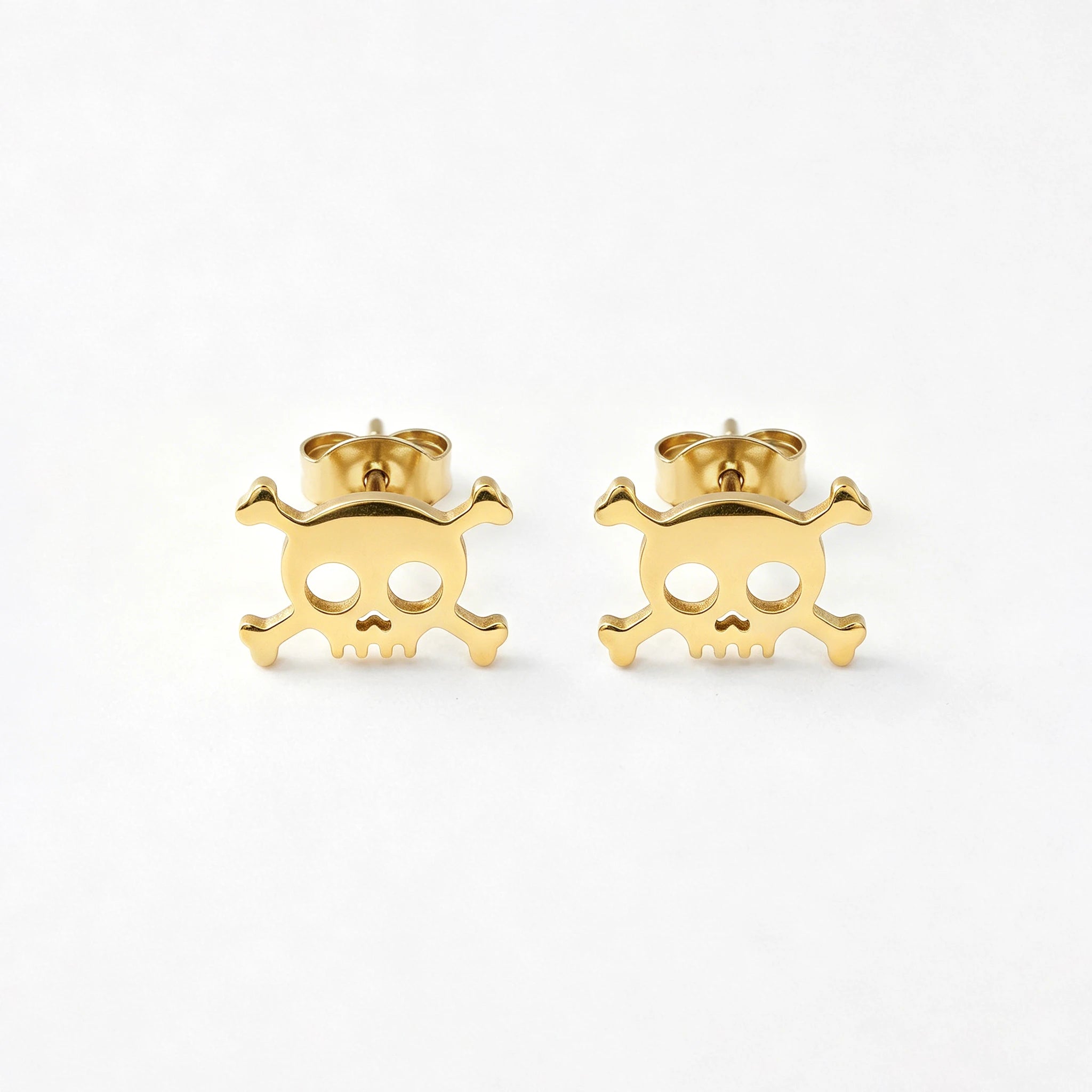 QIAOREN 11866 Edgy Gold Skull Earrings Stainless Steel Hollow Skull Crossbones Studs Halloween Jewelry Unique Gift for Women Men