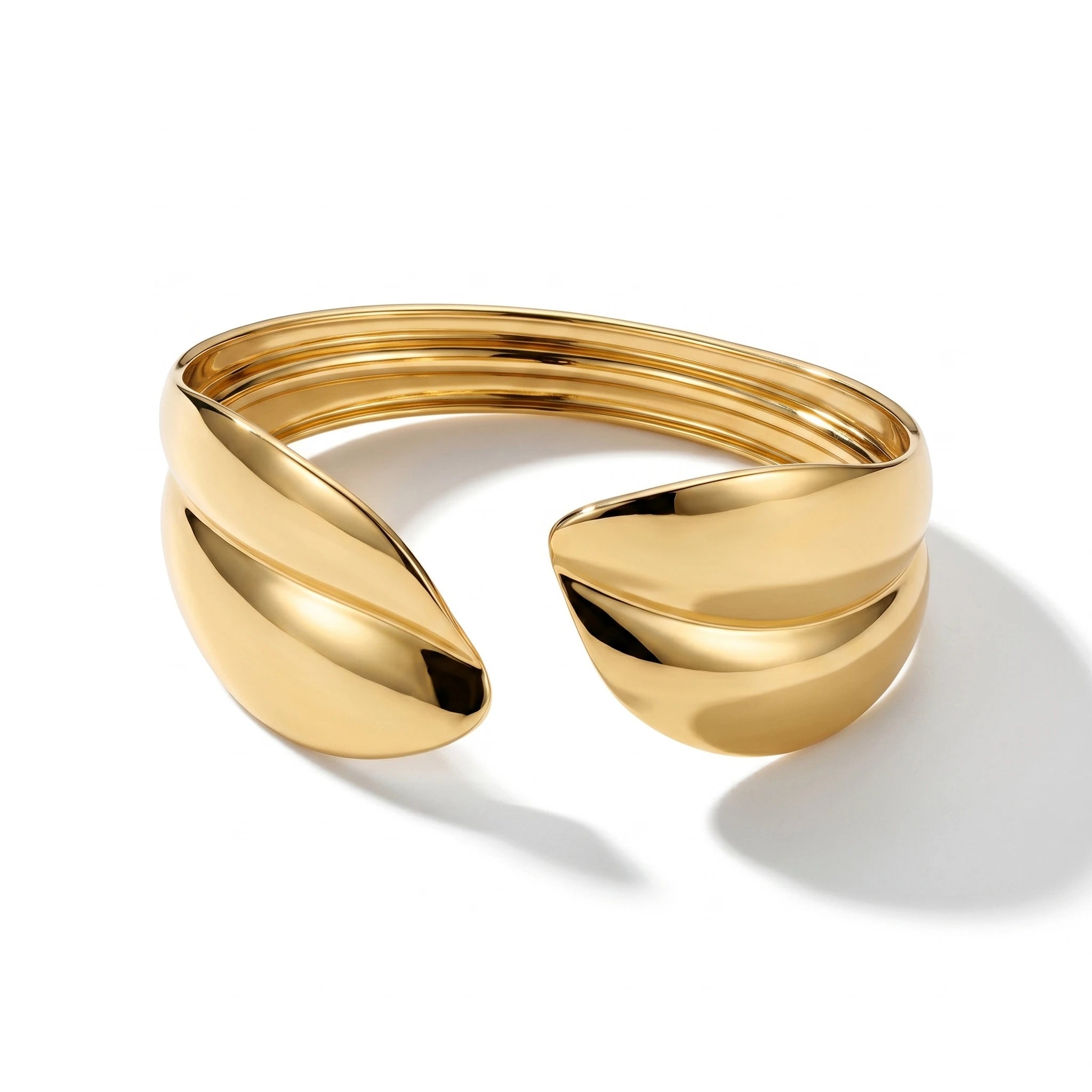 QIAOREN 12671 18K Gold Polished Double Teardrop Twist Open Cuff Bracelet Stainless Steel Glossy Multi-Layer Adjustable Wrist