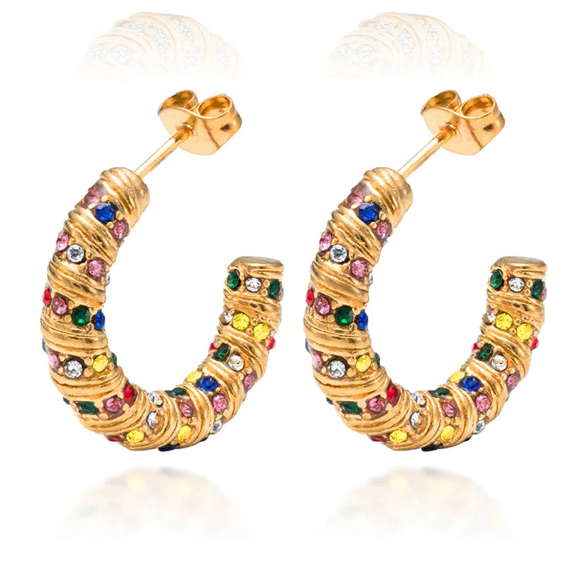 QIAOREN  12221-23 Waterproof Gold Stainless Steel Textured Hoop Earrings Multicolor CZ C Shape Huggies Wholesale