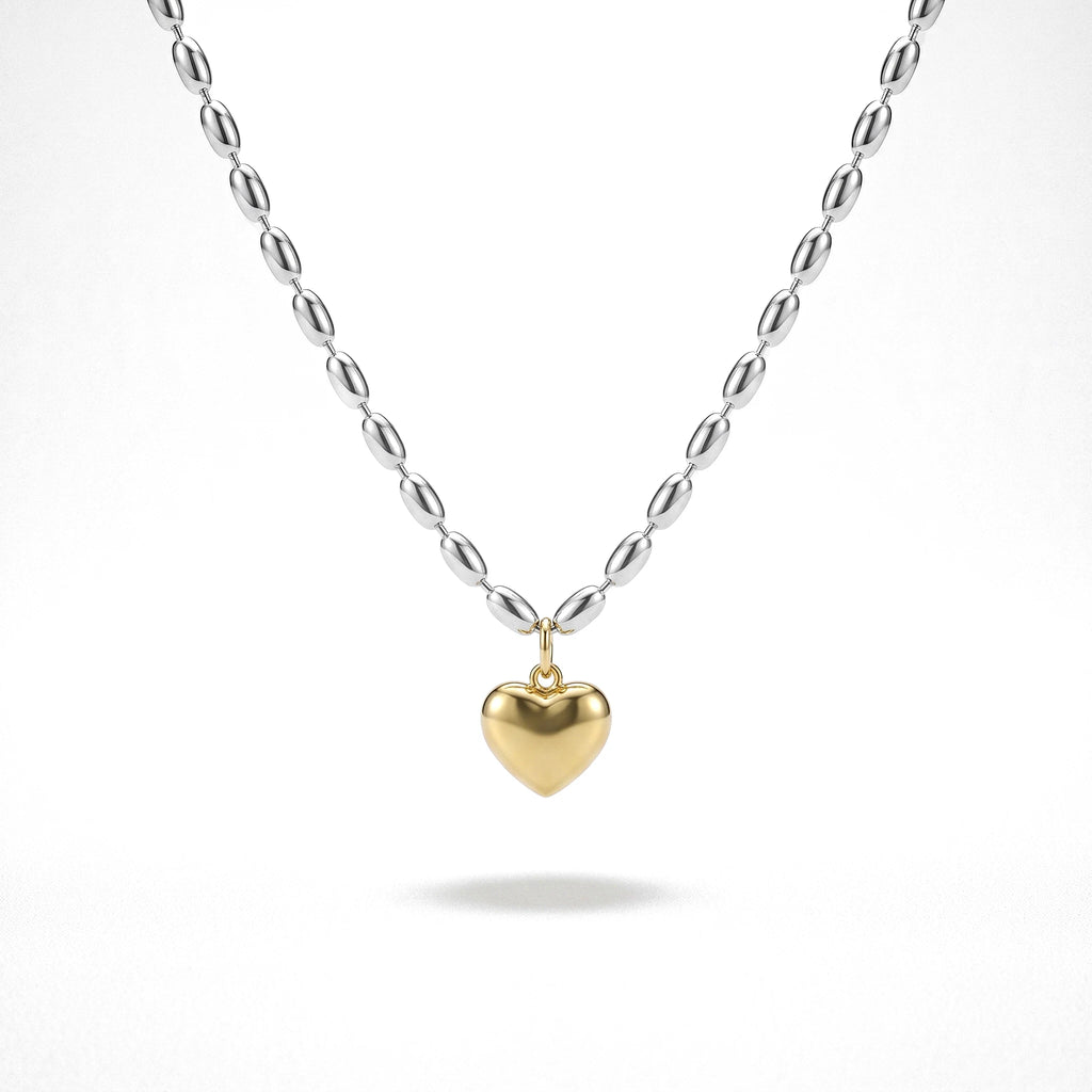QIAOREN 13995 Two Tone Oval Rice Bead Chain Necklace with Puffy Solid Gold Heart Pendant, Silver Chain & Gold Charm Contrast