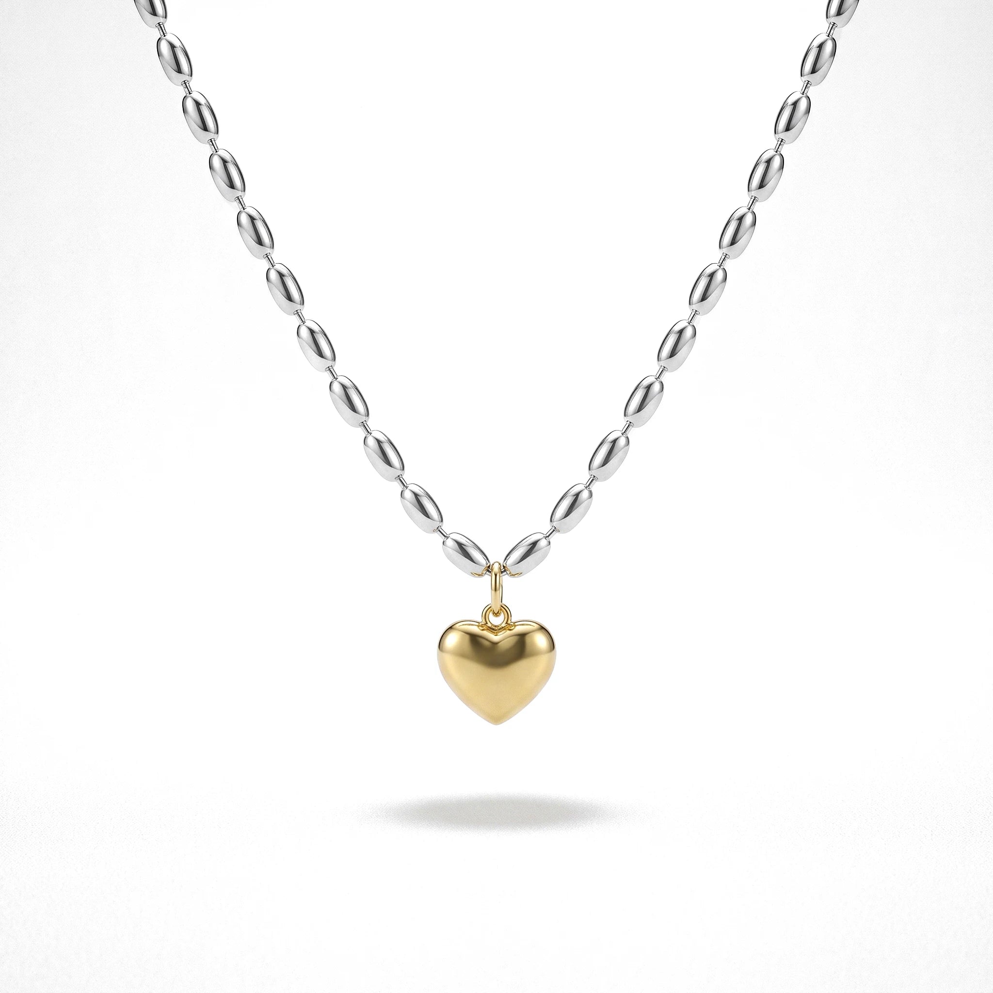 QIAOREN 13995 Two Tone Oval Rice Bead Chain Necklace with Puffy Solid Gold Heart Pendant, Silver Chain & Gold Charm Contrast