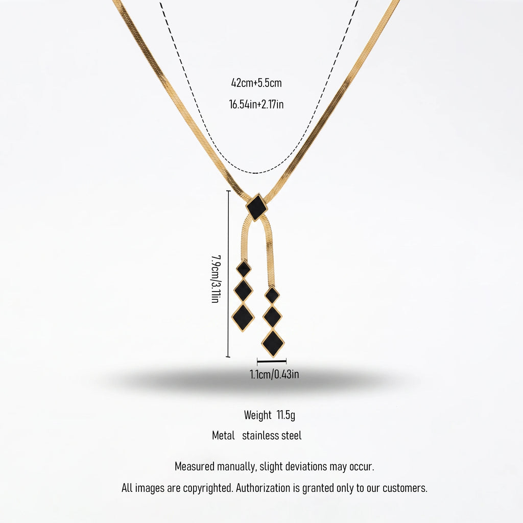 QIAOREN 13800 Thin Flat Herringbone Snake Chain Pendant Necklace with Sliding Black Enamel Square Charm & Two Tassel Strands