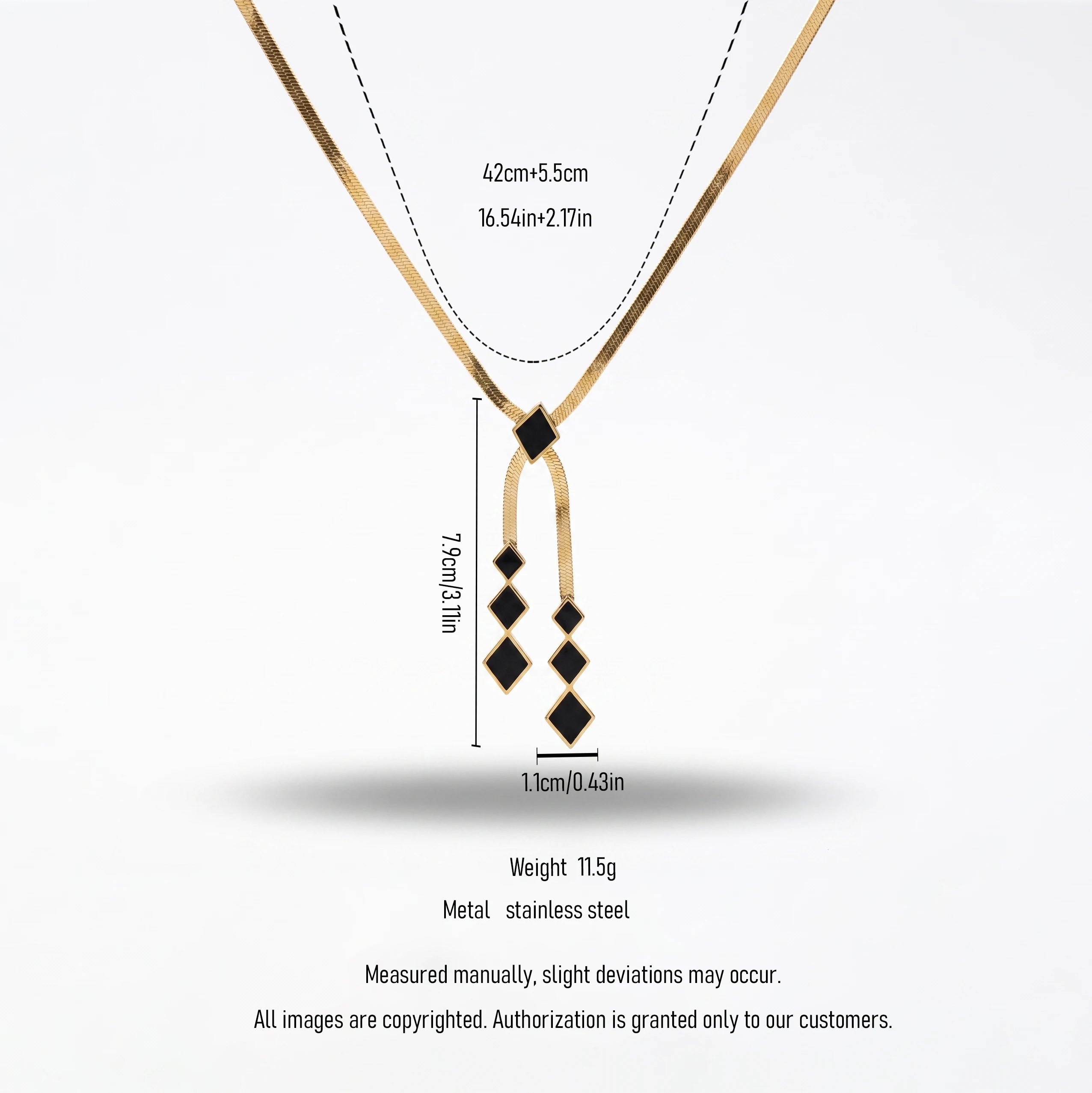 QIAOREN 13800 Thin Flat Herringbone Snake Chain Pendant Necklace with Sliding Black Enamel Square Charm & Two Tassel Strands