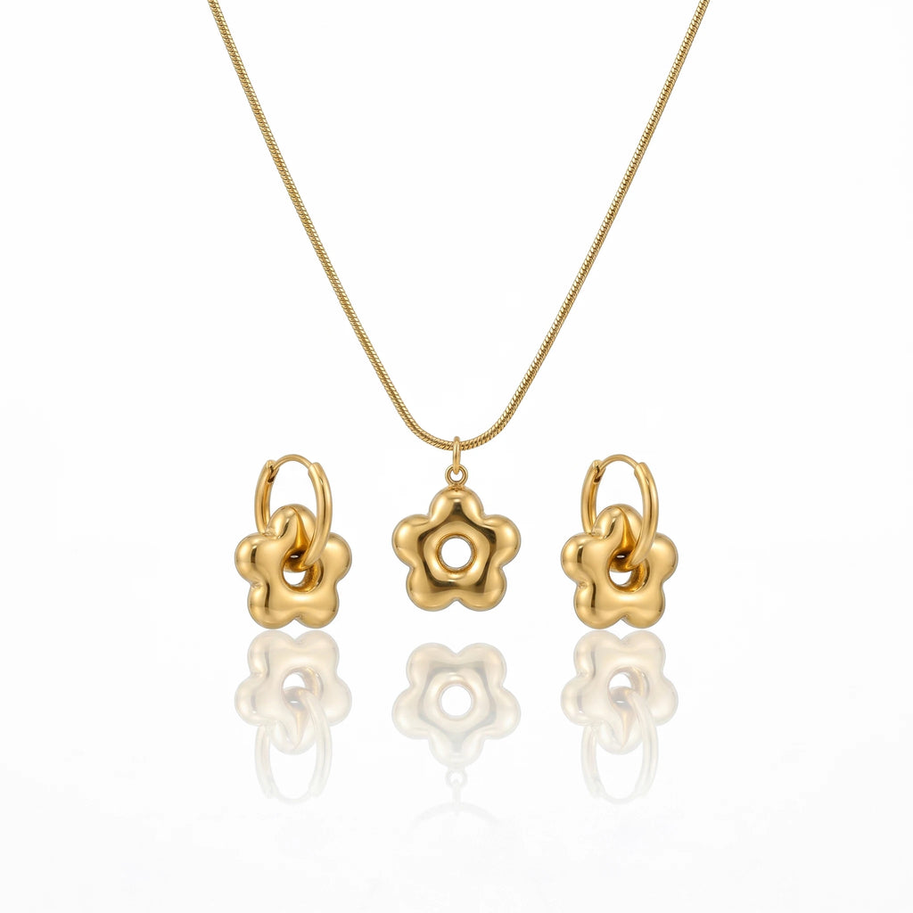 QIAOREN 12866 18K Gold Plated Puffy Flower Necklace Earrings Set, Waterproof Tarnish Free Stainless Steel Jewelry for Women